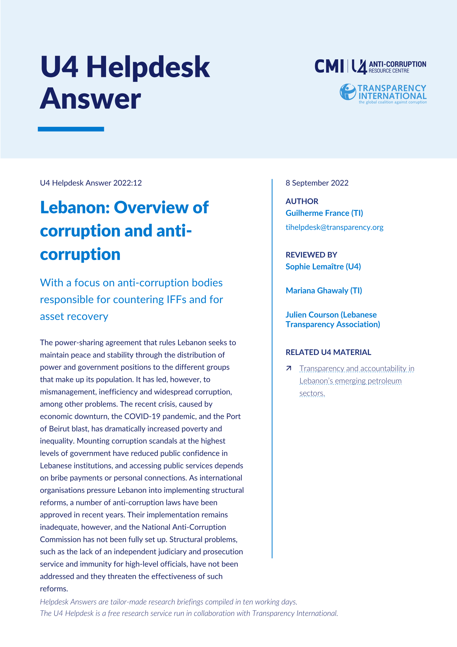 Lebanon: Overview of corruption and anti-corruption 
