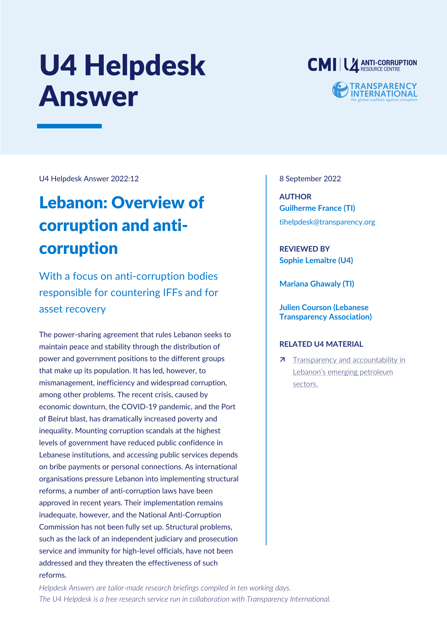 Lebanon: Overview of corruption and anti-corruption