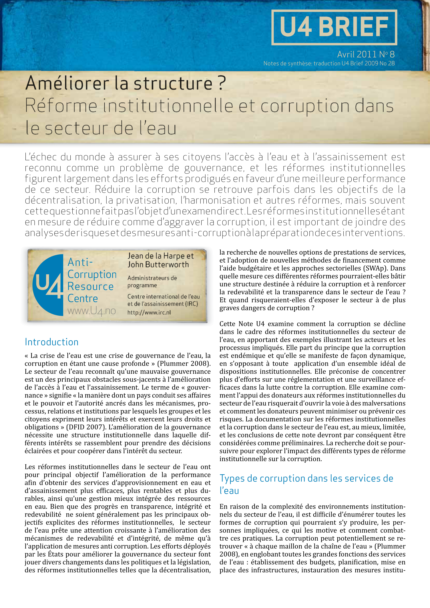 Améliorer la structure ? Réforme institutionnelle et corruption dans le secteur de l'eau