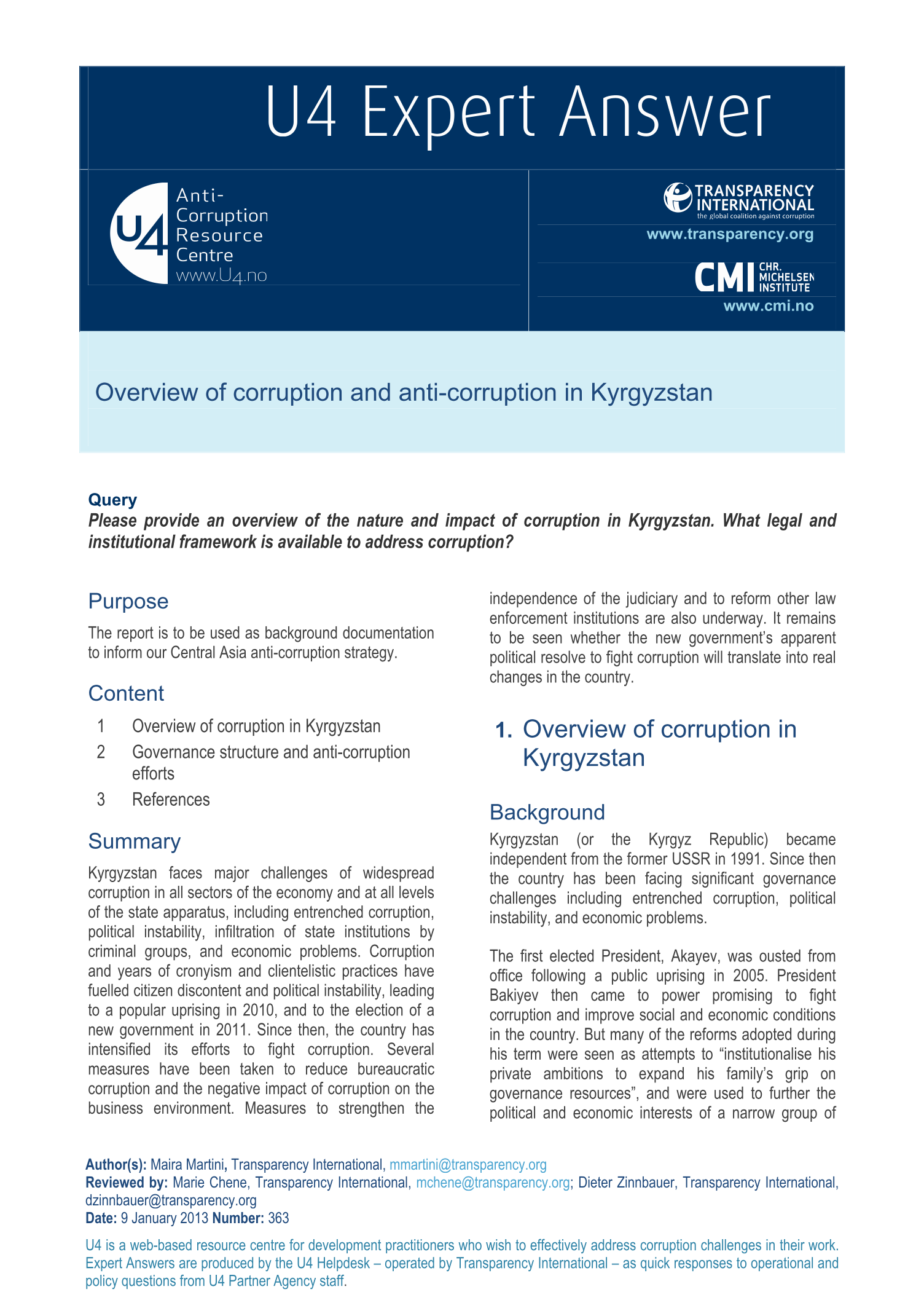 Overview of corruption and anti-corruption in Kyrgyzstan