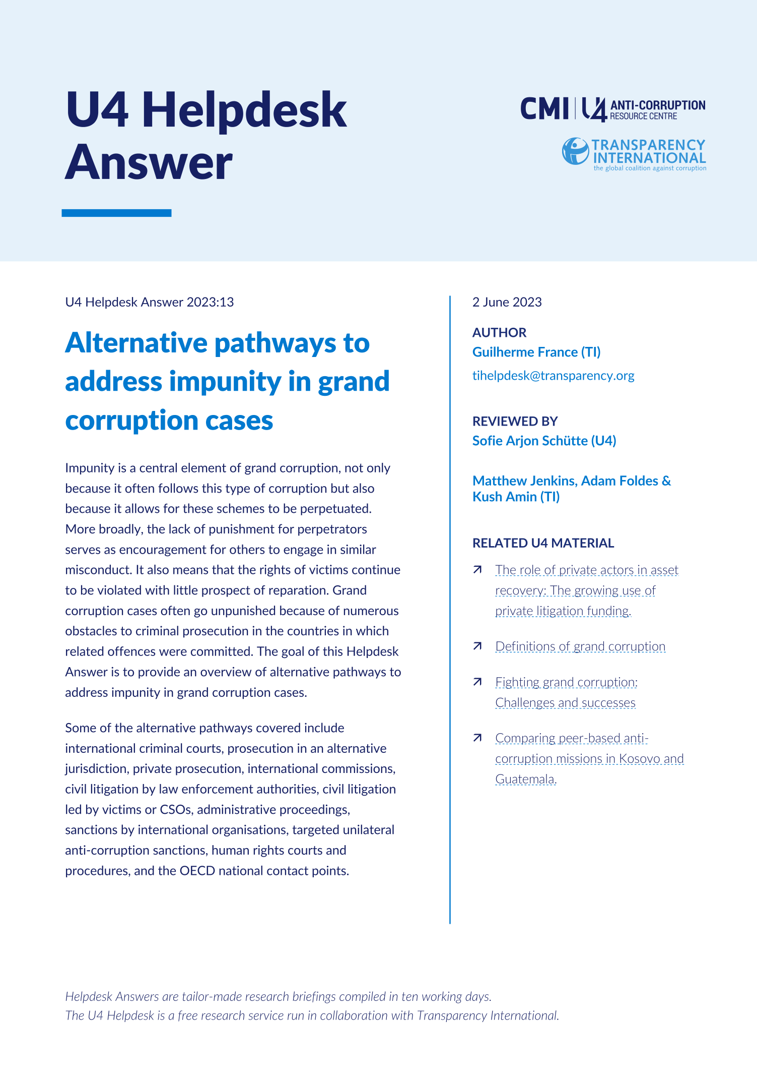 Alternative pathways to address impunity in grand corruption cases