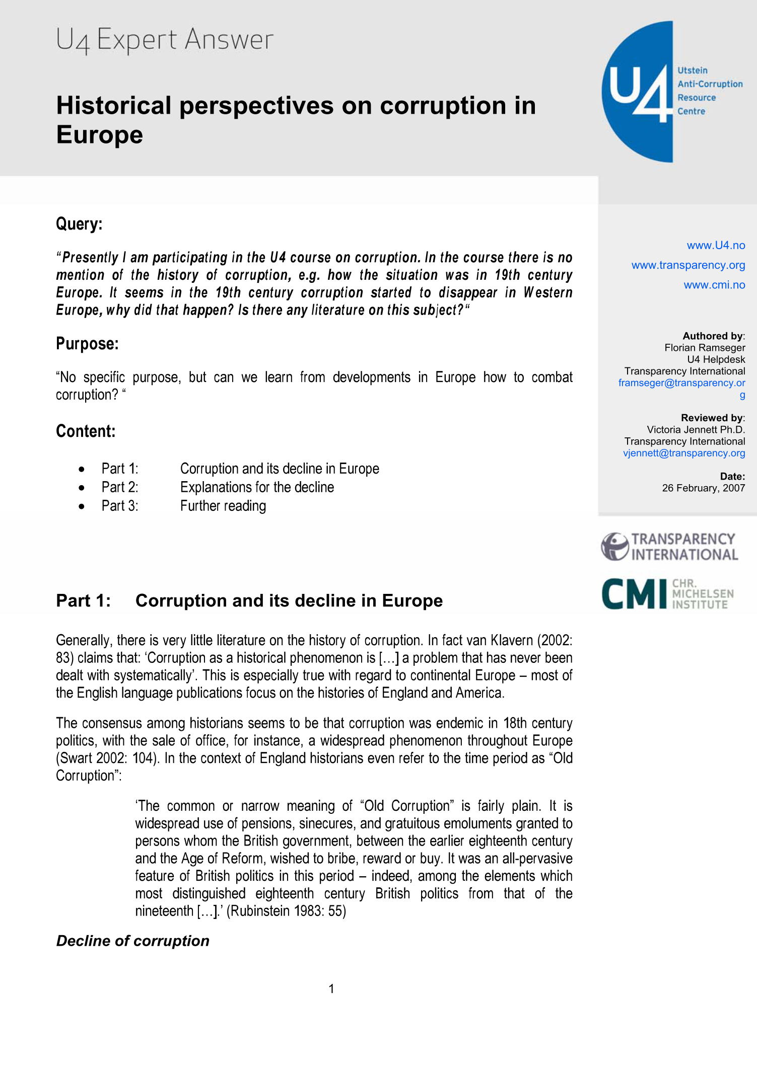 Historical perspectives on corruption in Europe