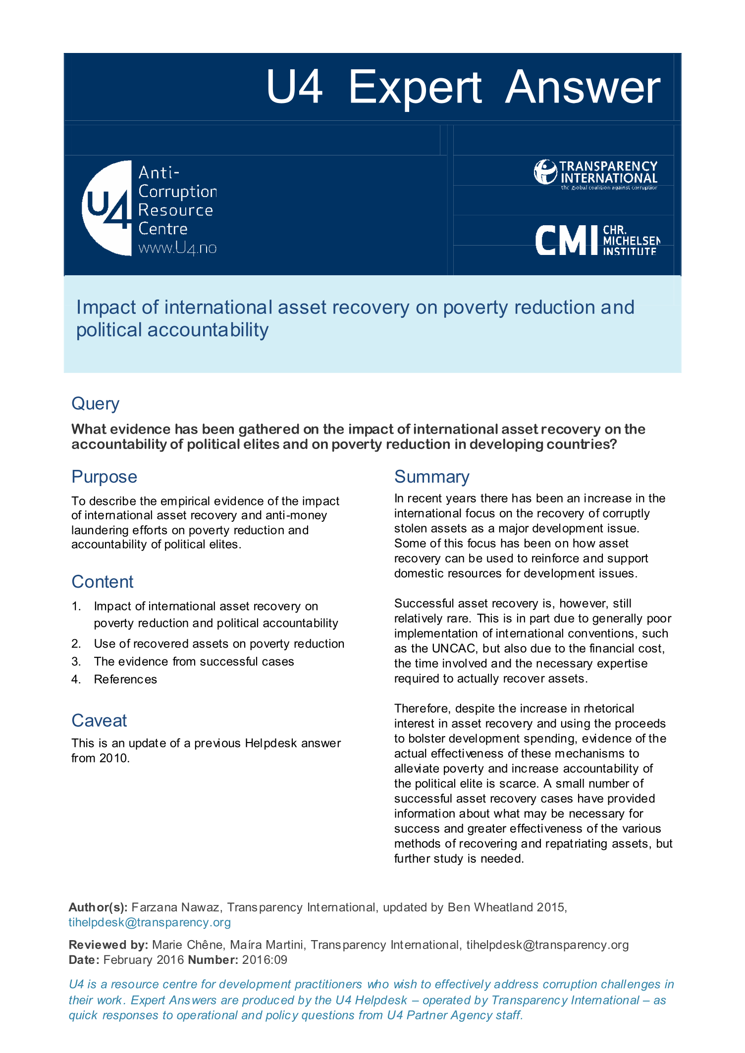 Impact of international asset recovery on poverty reduction and political accountability 