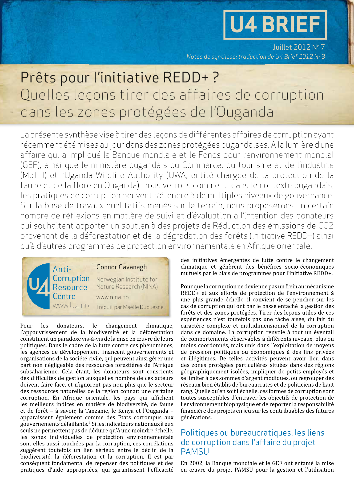 Prêts pour l'initiative REDD+ ? : Quelles leçons tirer des affaires de corruption dans les zones protégées de l'Ouganda