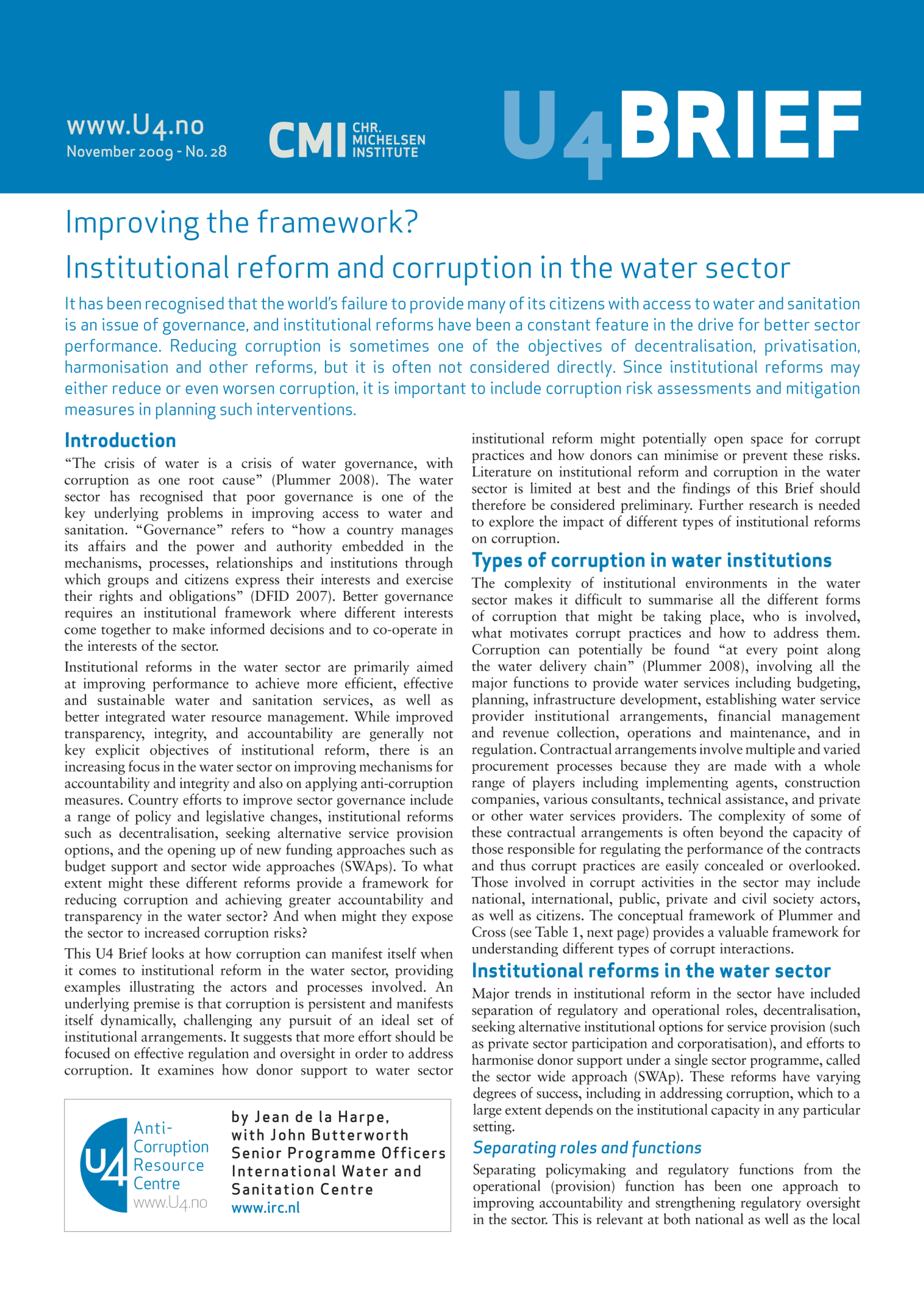 Improving the framework? Institutional reform and corruption in the water sector