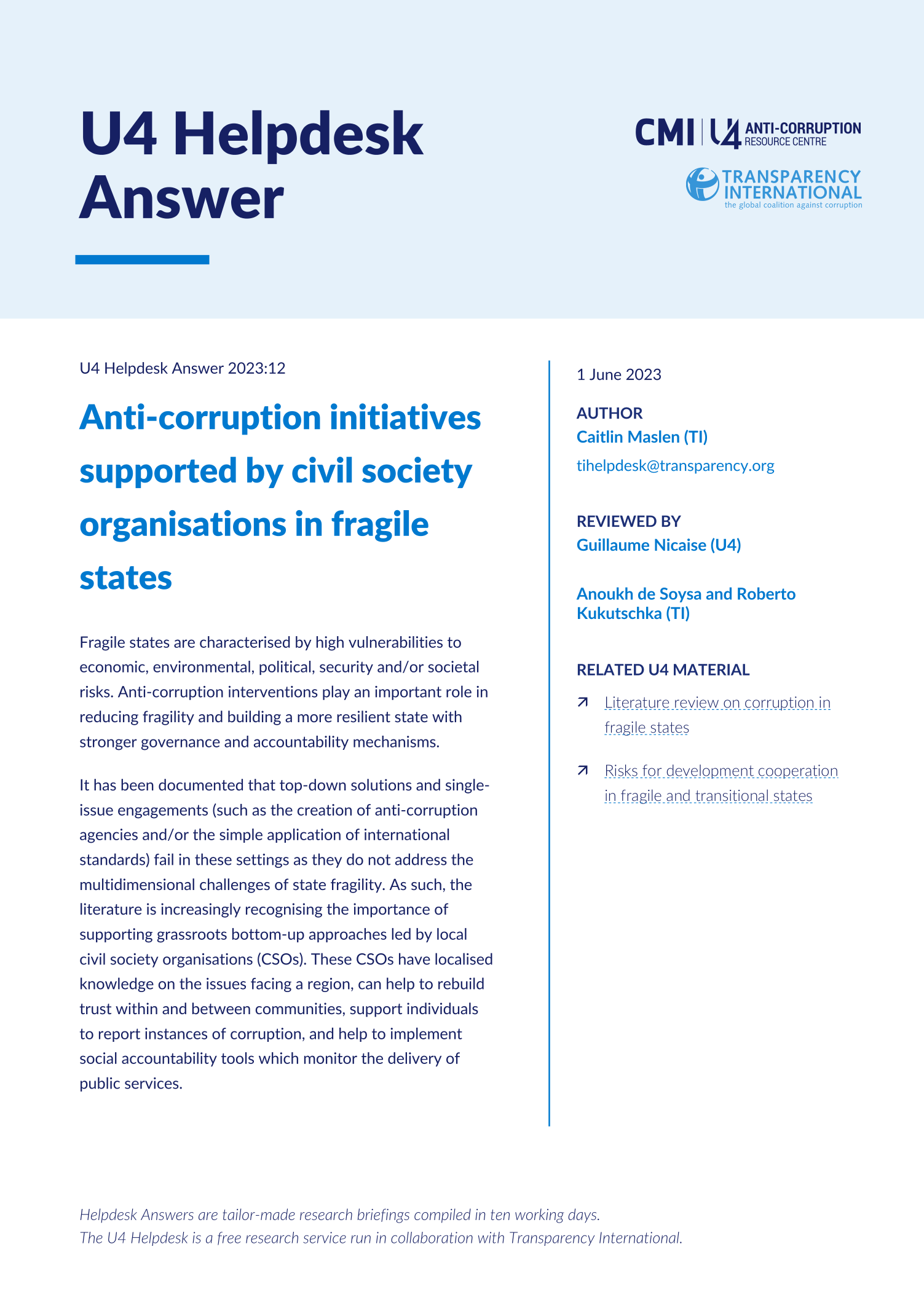 Anti-corruption initiatives supported by civil society organisations in fragile states