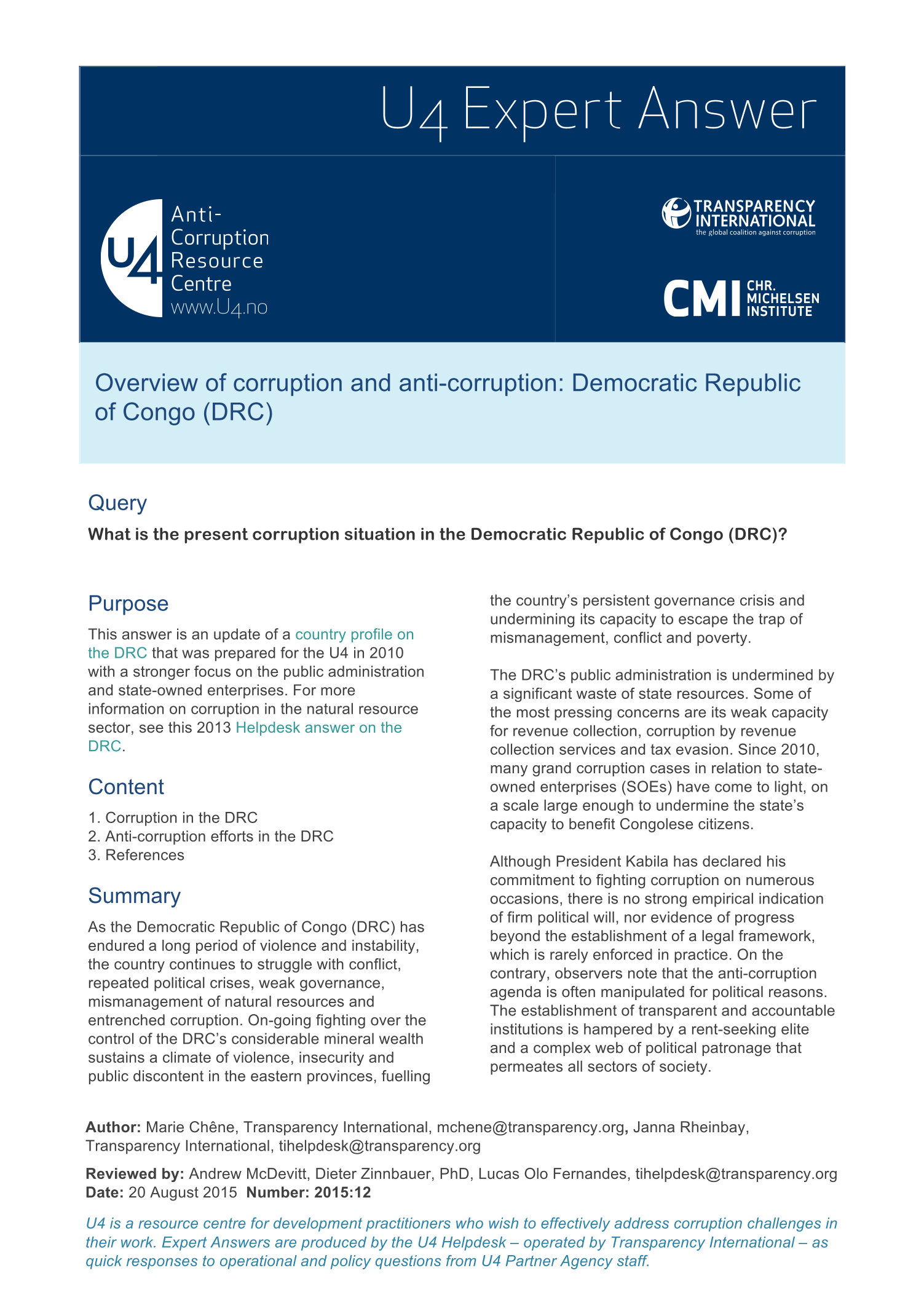 Overview of corruption and anti-corruption: Democratic Republic of Congo (DRC)