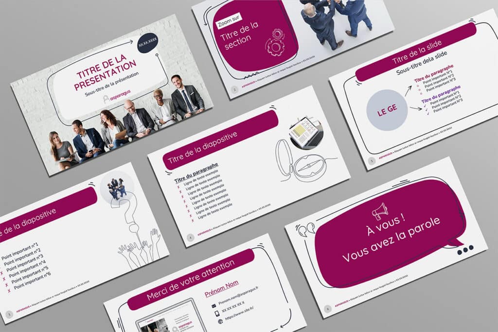 Layouts d'un masque PowerPoint sur charte graphique conçus par une infographiste PowerPoint freelance