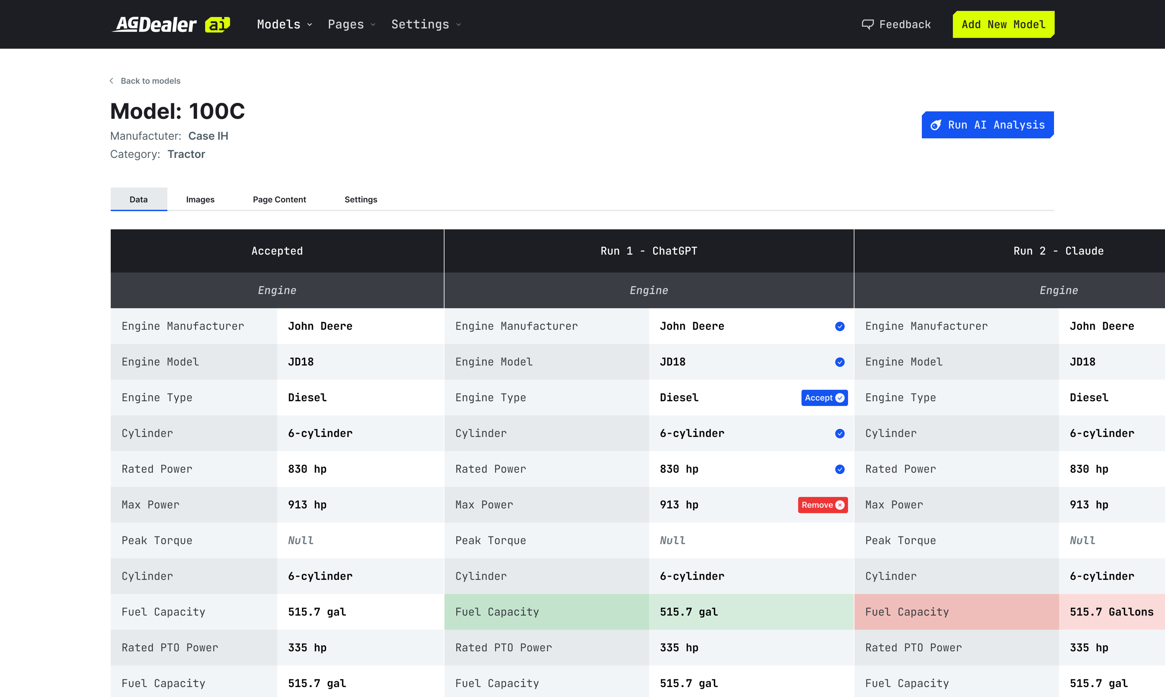 Screenshot of the data diffing tool