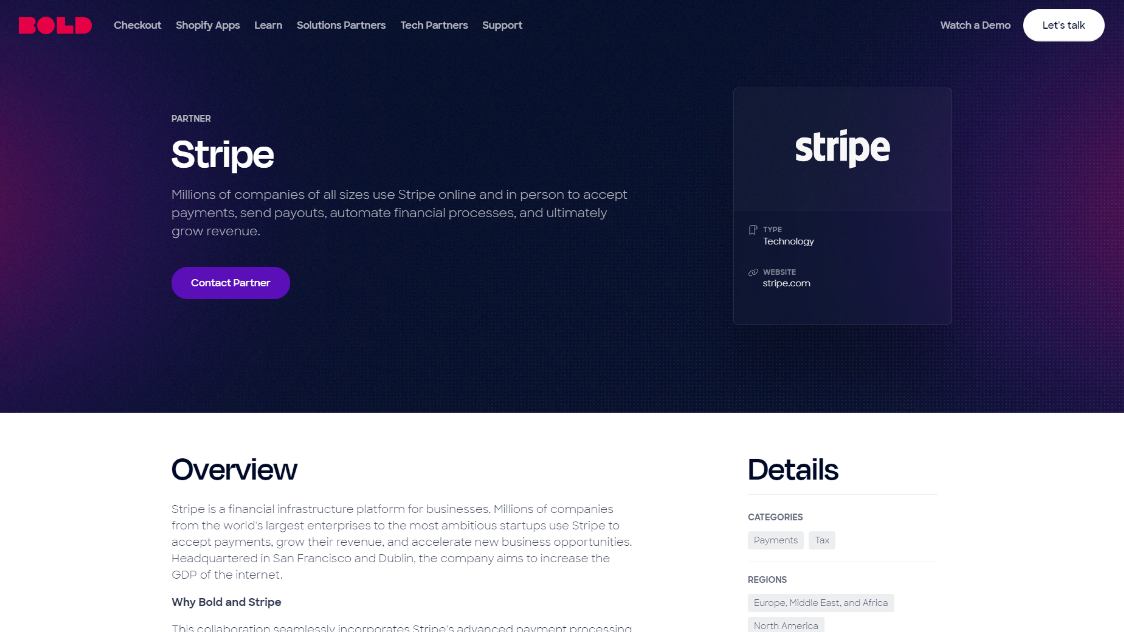 Stripe's profile in Bold's partner directory