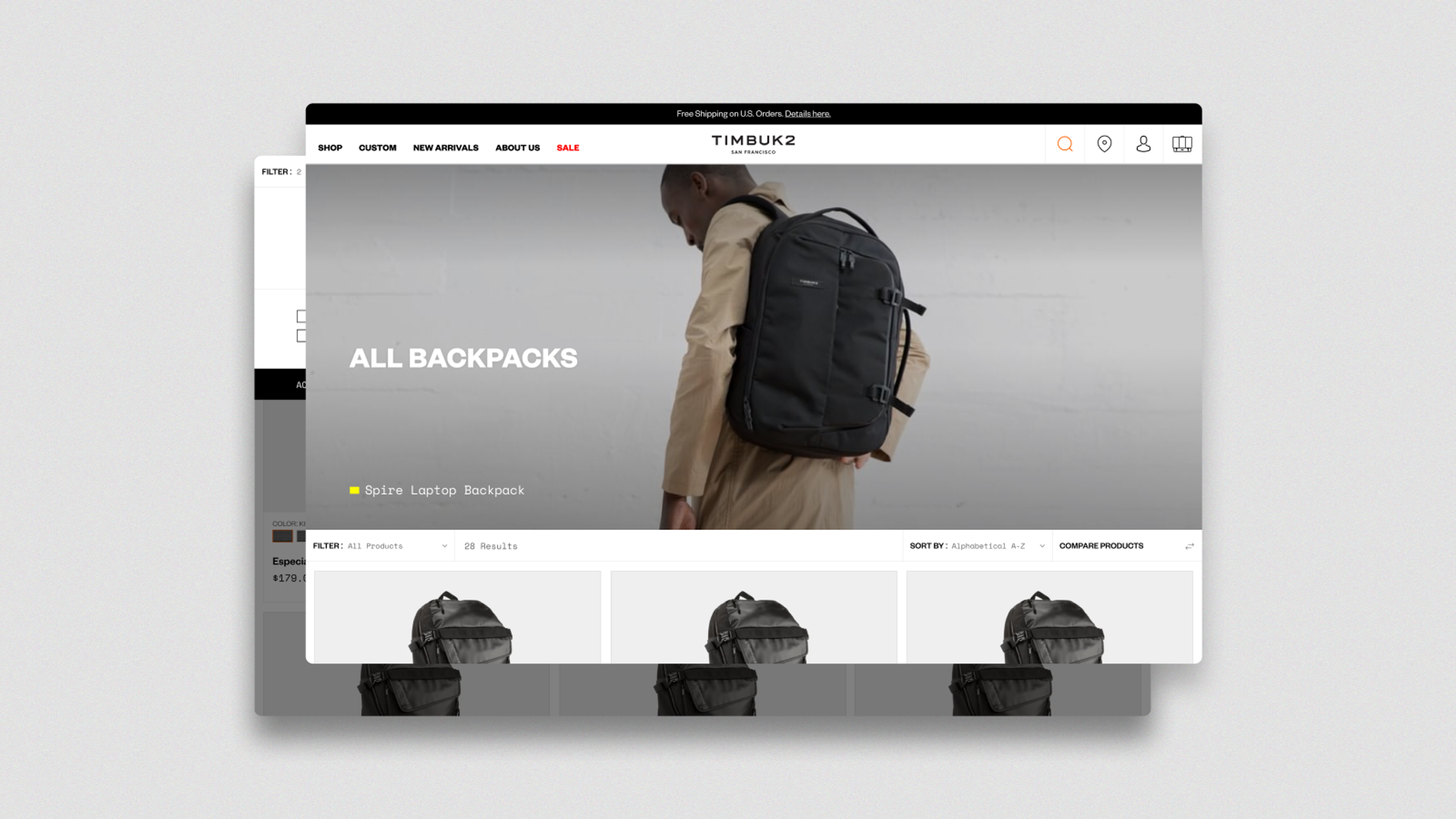 Screenshots of Timbuk2's backpack collection page