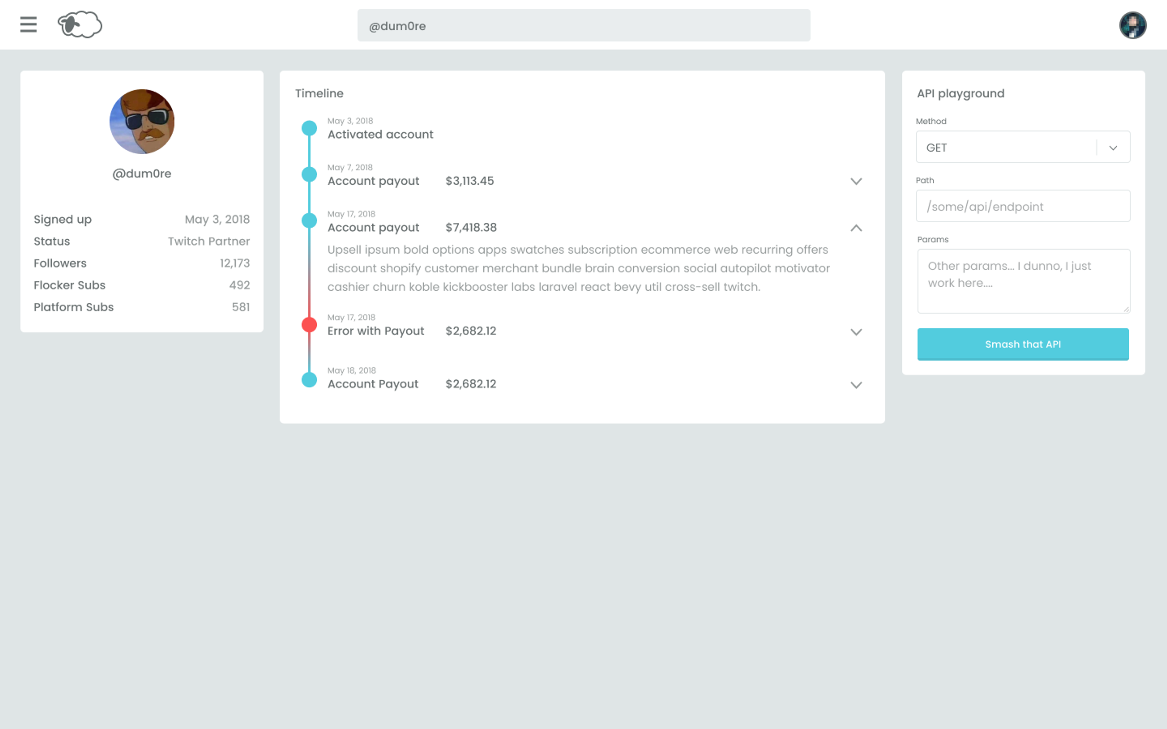 Individual user overview with API playground tooling