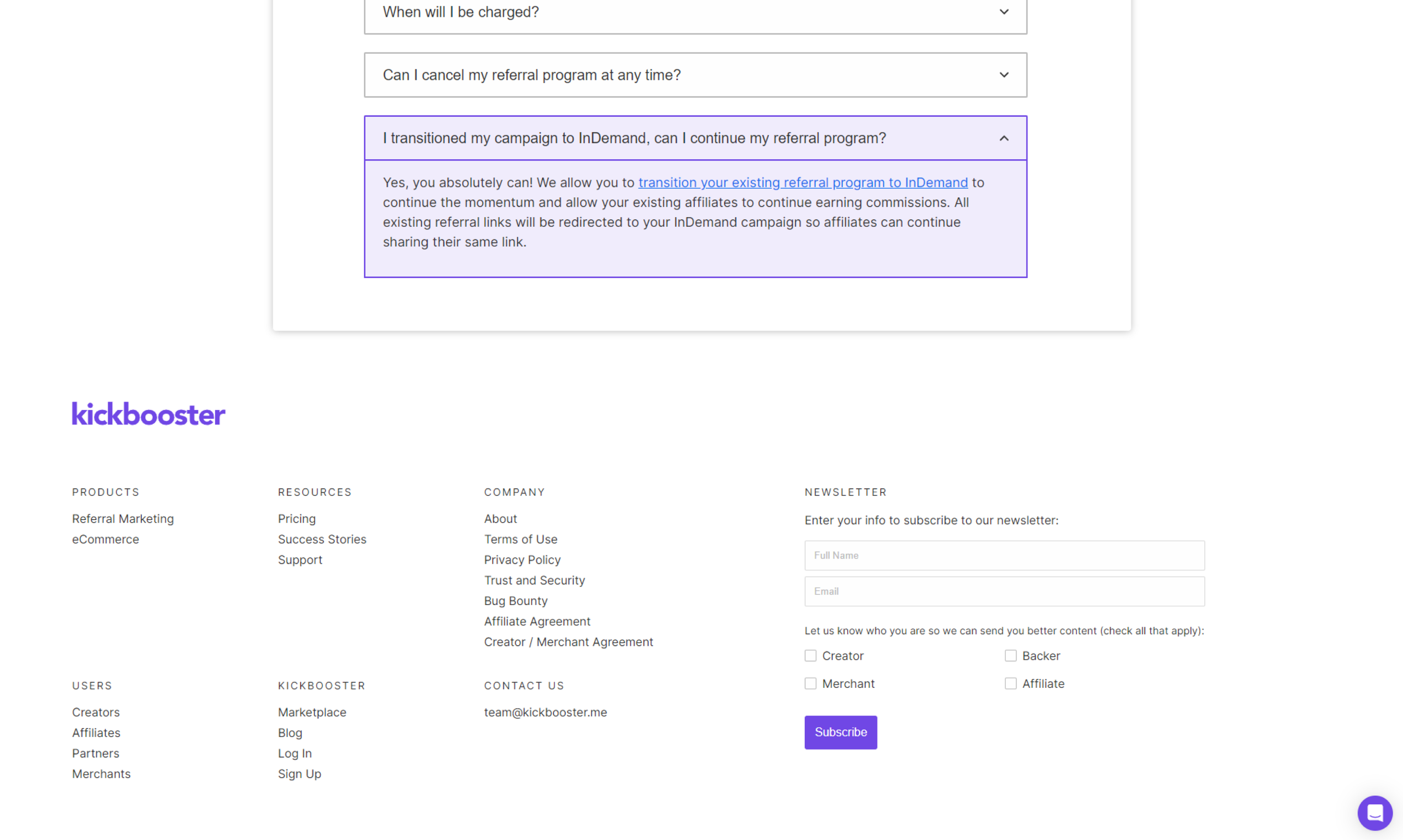 Kickbooster's FAQs and Footer elements