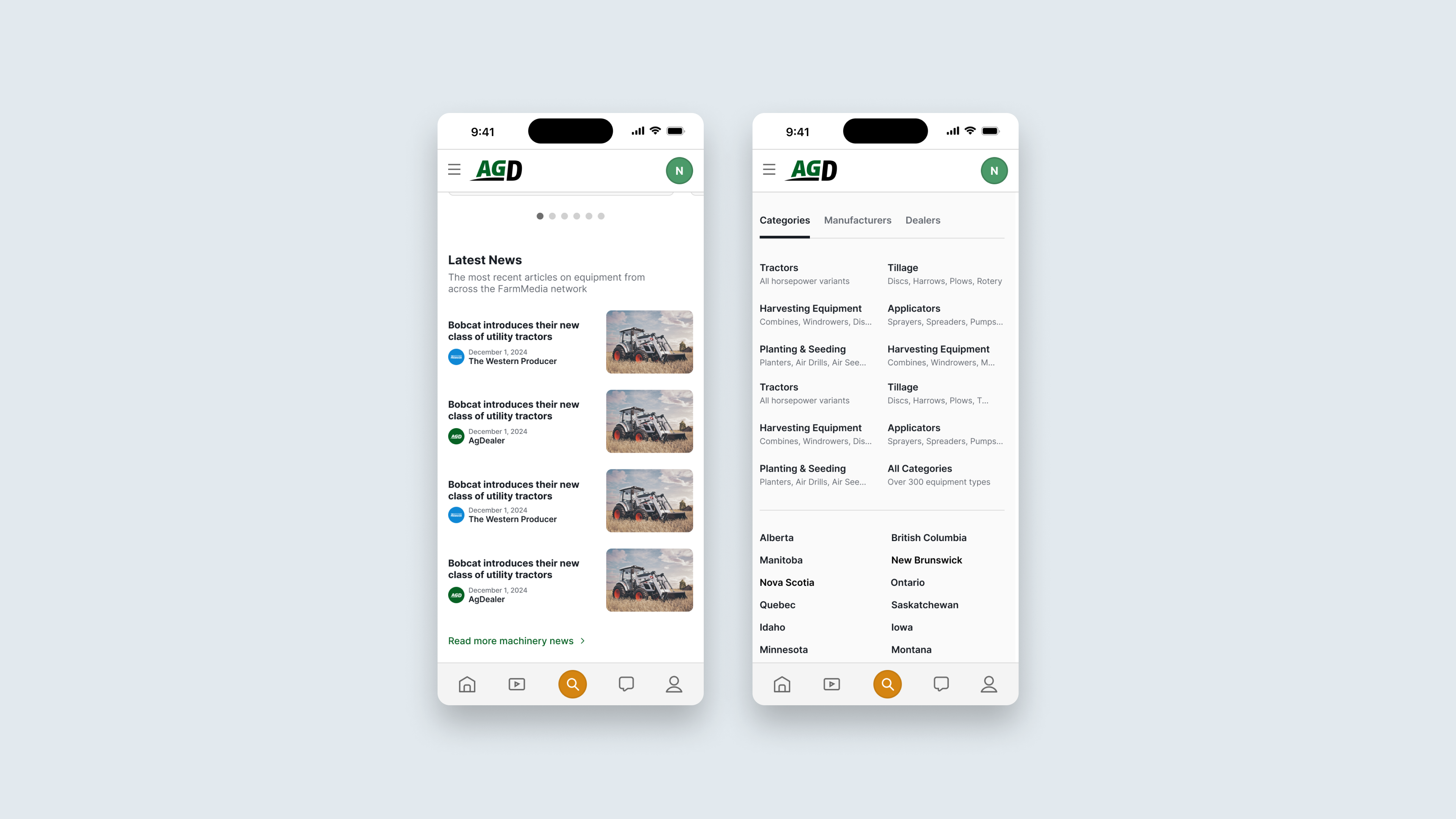 Mobile screenshots of AgDealer's new equipment research section