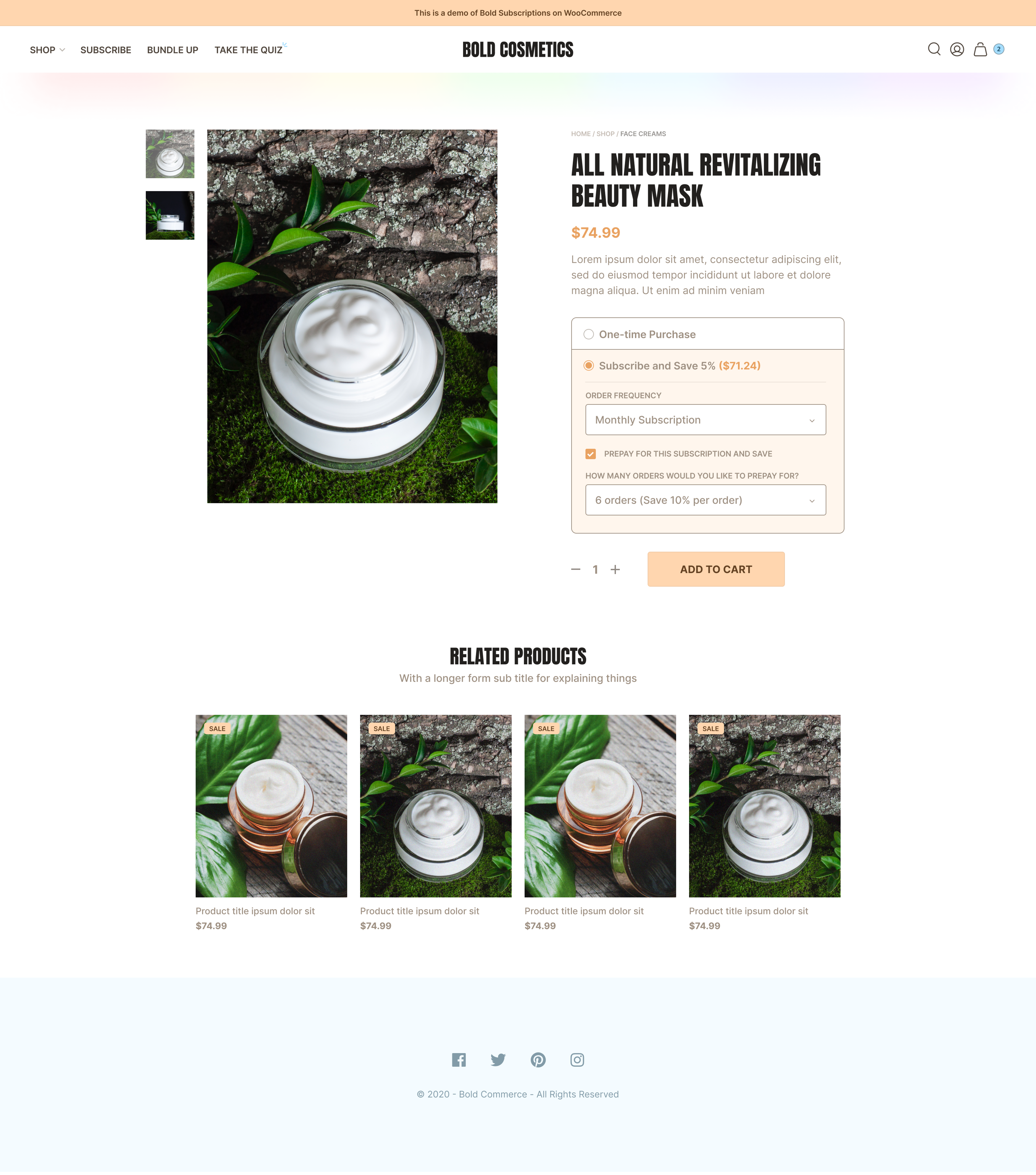 Mockup of a product page for a fictional makeup brand used in house as a sales tool to showcase the potential of Bold Subscriptions.