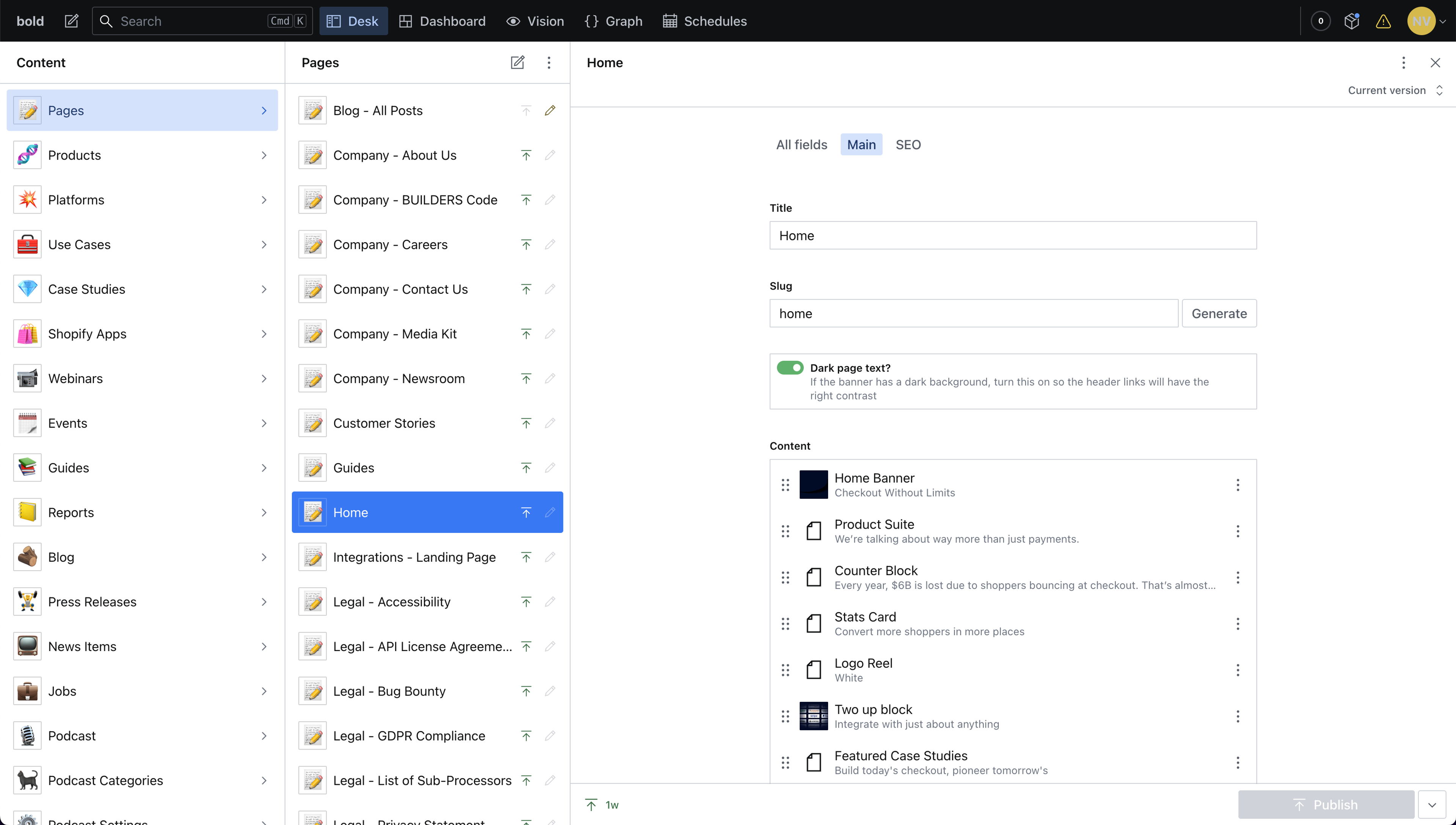 Behind the scenes in Sanity, which I configured with our custom content model