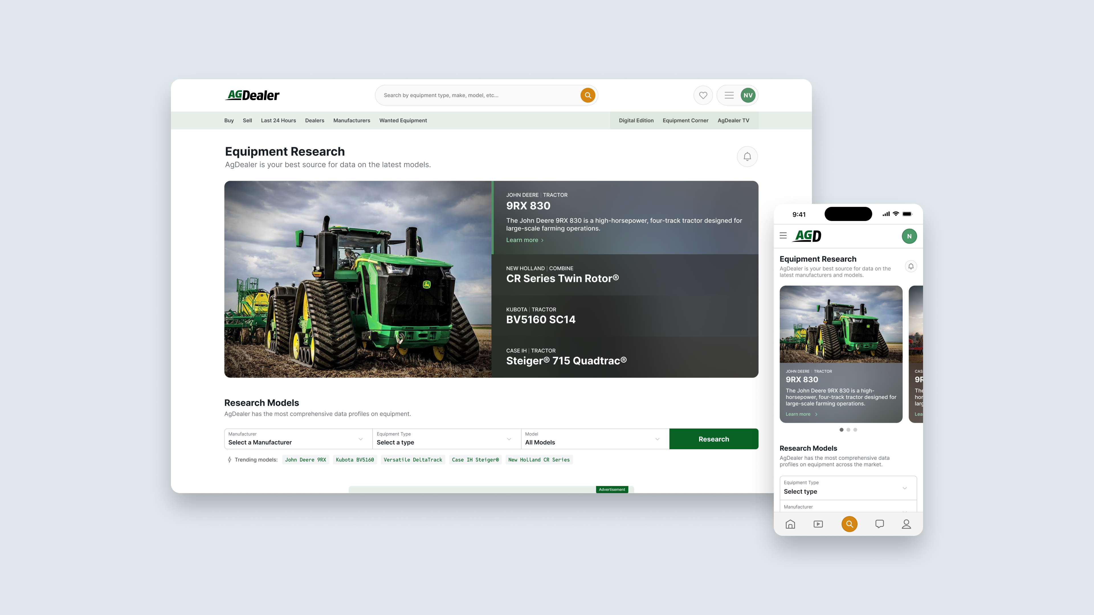 Screenshots of the equipment research section of AgDealer.com