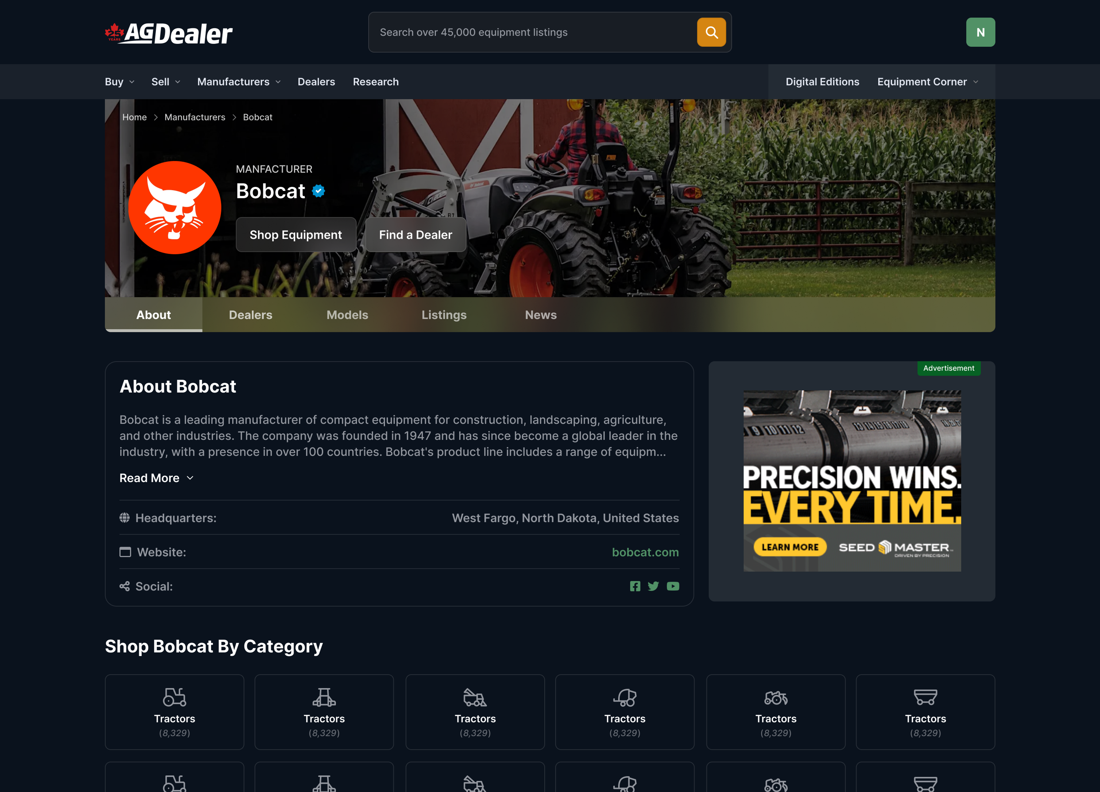 Dark mode version of the Bobcat manufacturer profile