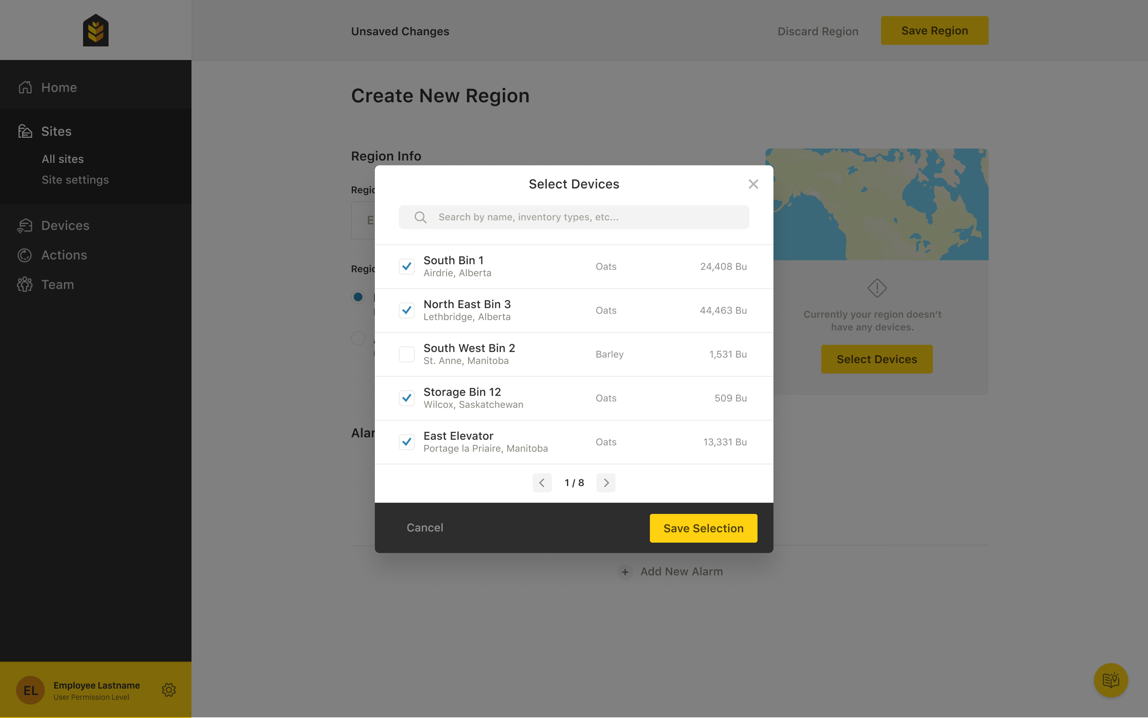 Create New Region - Select Devices