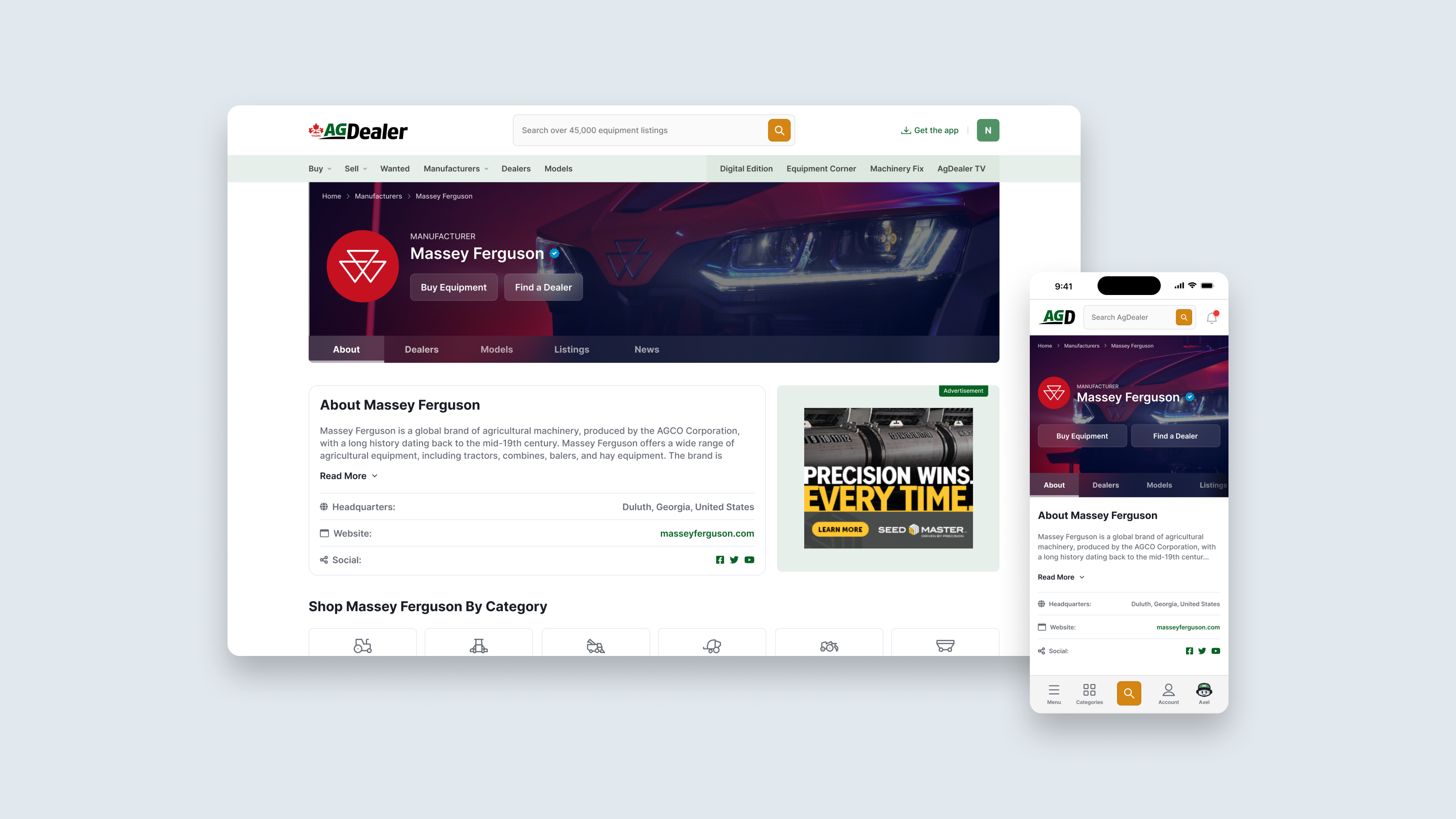 Screenshots of AgDealer's manufacturer profiles