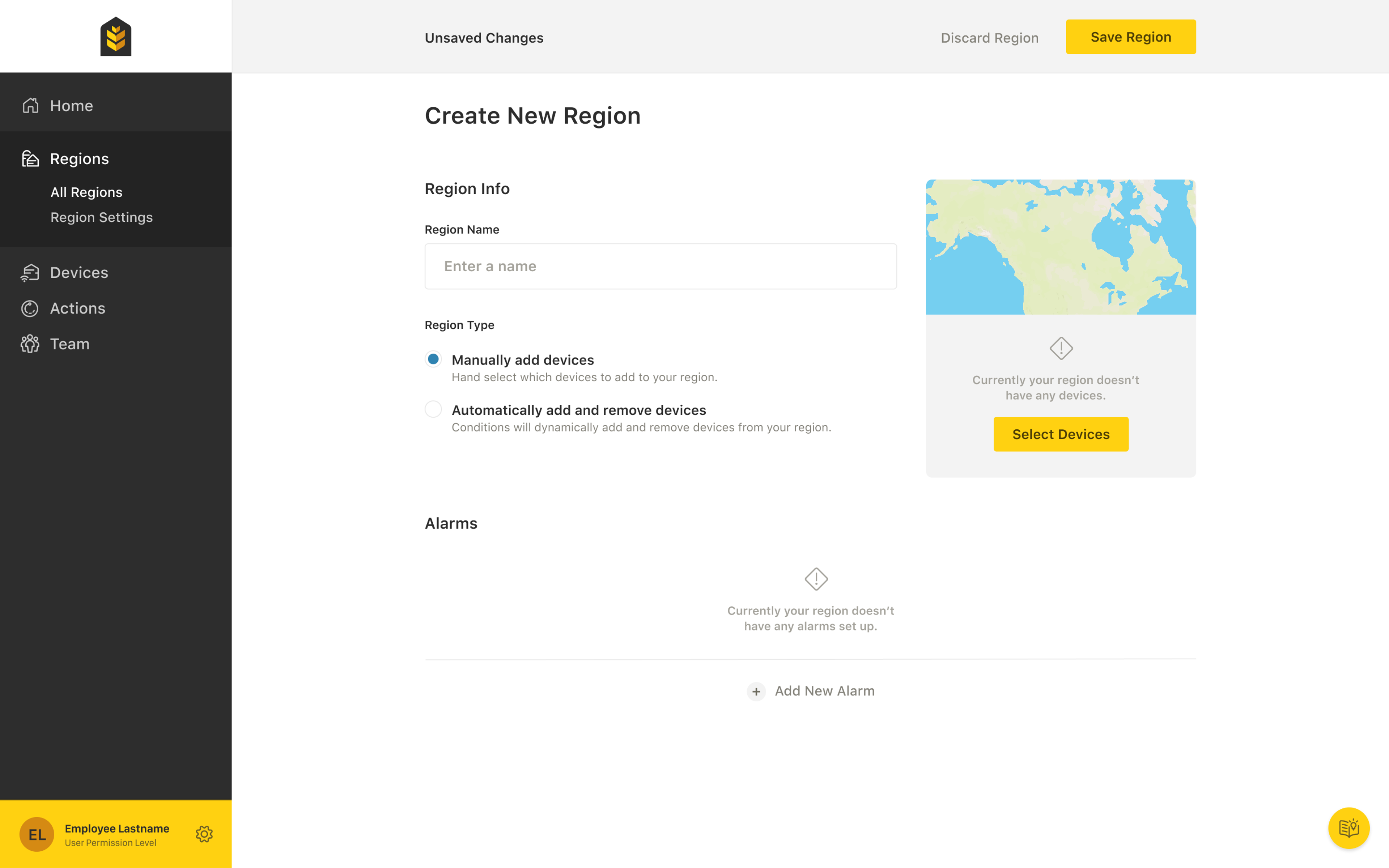 Create New Region - Empty state