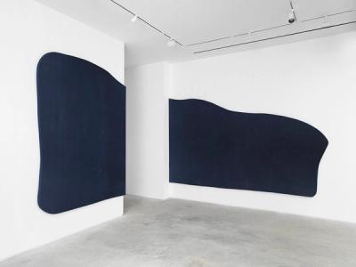 Two large, dark blue abstract shapes mounted on white walls in a minimalist gallery.