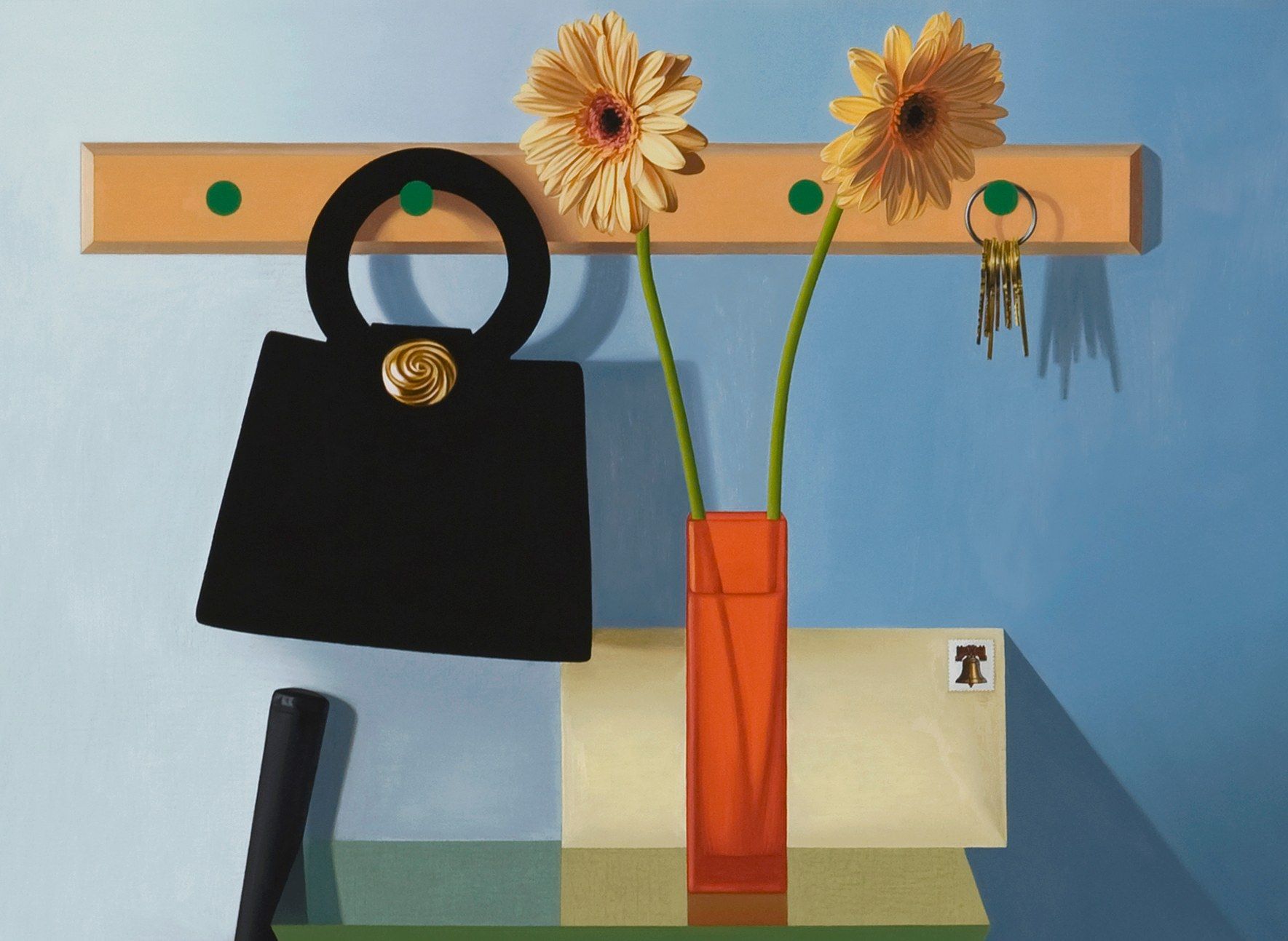 Hook rack with black handbag (gold handle), red vase holding two yellow daisies, golden keys, table with white letter and brass bell, shadows cast against textured light-blue wall.