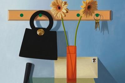 Hook rack with black handbag (gold handle), red vase holding two yellow daisies, golden keys, table with white letter and brass bell, shadows cast against textured light-blue wall.