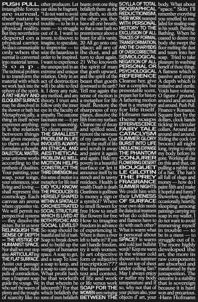 Text explores surrealism through soap metaphors addressing identity and space in bold headings, reflecting women's experiences. References Hans Hofmann. Title: 'SOAP FOR THE WOMEN BETWEEN THE BEATS.'