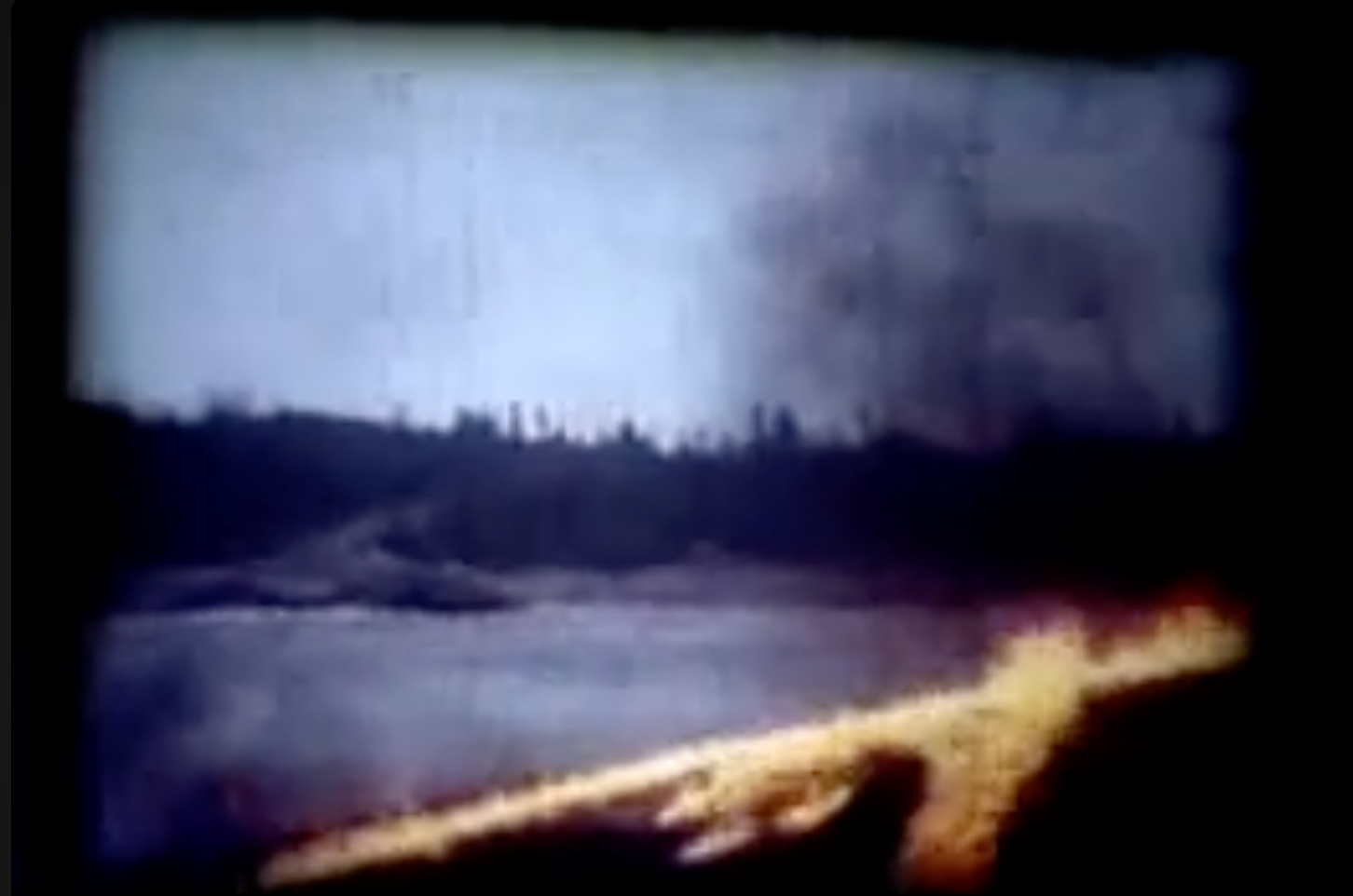 Fire burns along a shoreline with a dark forest and smoky sky.
