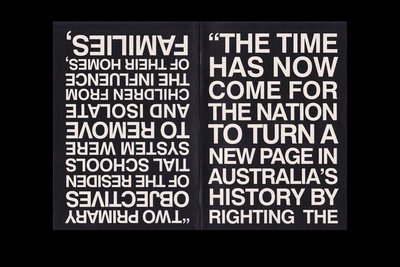 Reversed text on left: "'FAMILIES' system of THE INFLUENCE FROM CHILDREN WERE ISOLATE TO REMOVE AND THE NATION COME FOR TO TURN A NEW PAGE IN AUSTRALIA'S HISTORY BY RIGHTING THE PRIMARY SCHOOLS OF THE RESIDENTS TIAL objectives OF TWO PRIMARY" Right side: "'THE TIME HAS NOW COME FOR" with black background and white text layout.