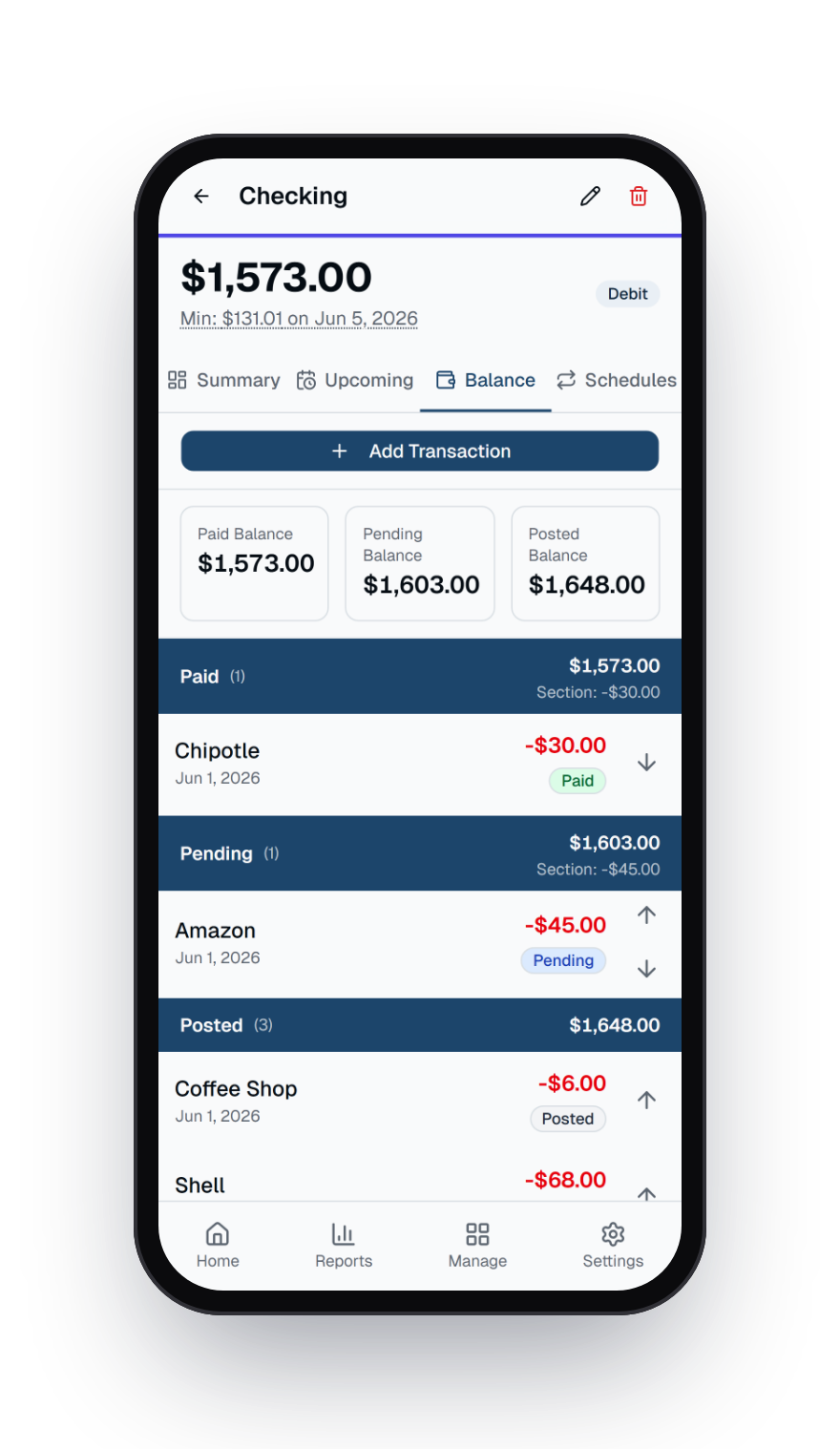 Paid, Pending & Posted Balances