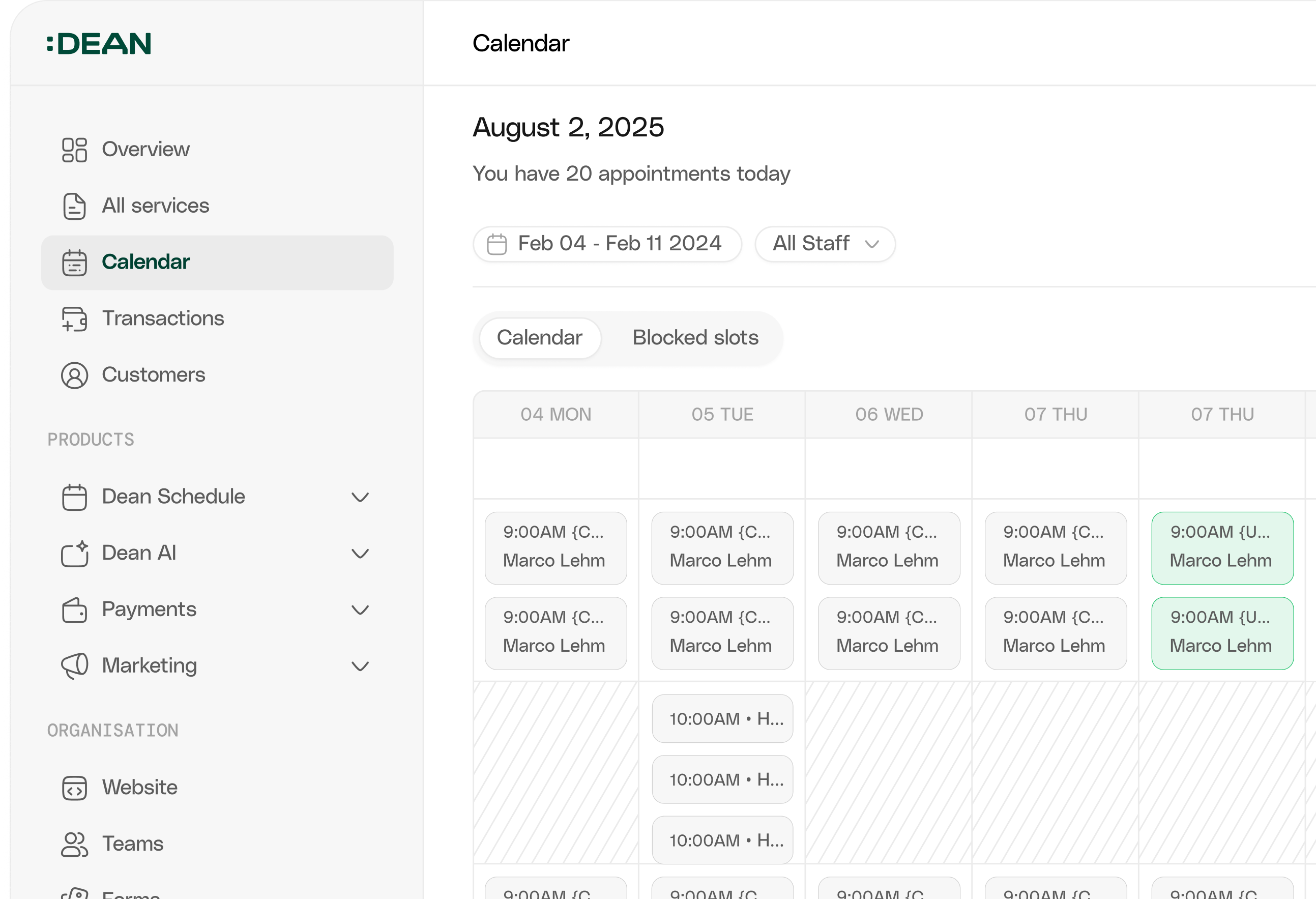 DEAN memberships dashboard with transactions and plan management