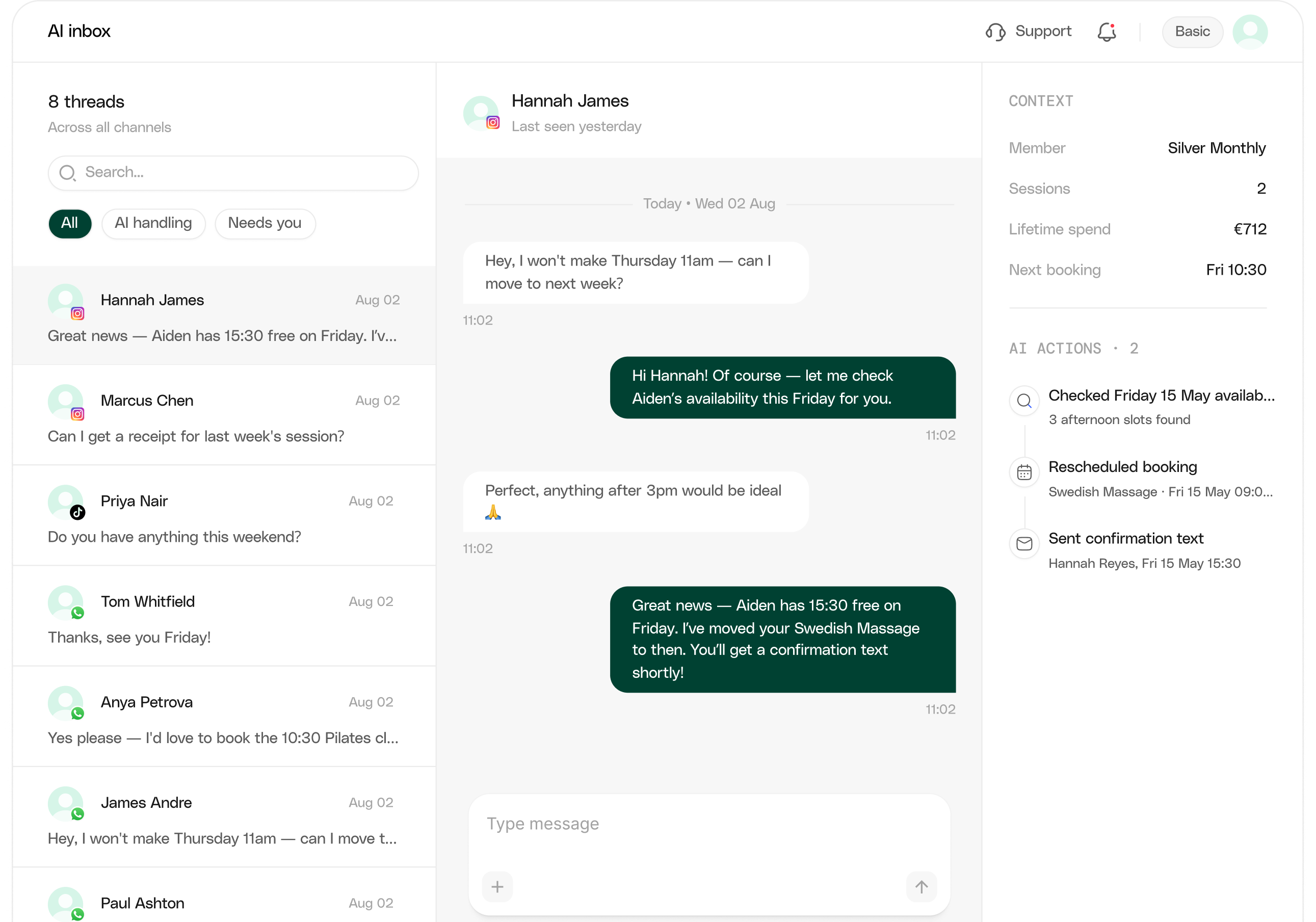 DeanAI chat booking a fitness class with available time slots