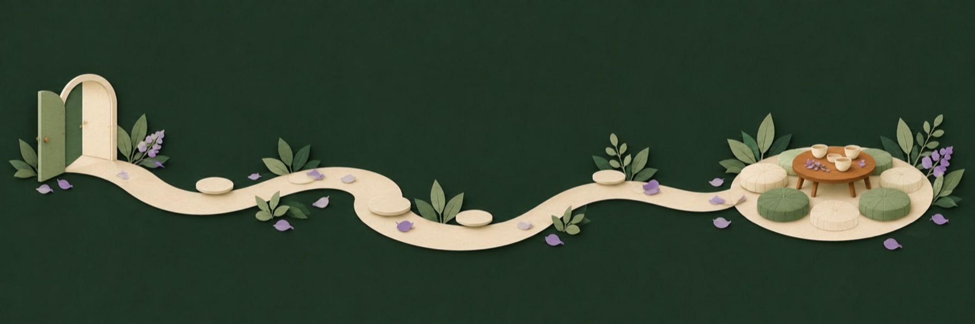 A paper path of stepping stones from an open door to a circle of cushions around a tea table