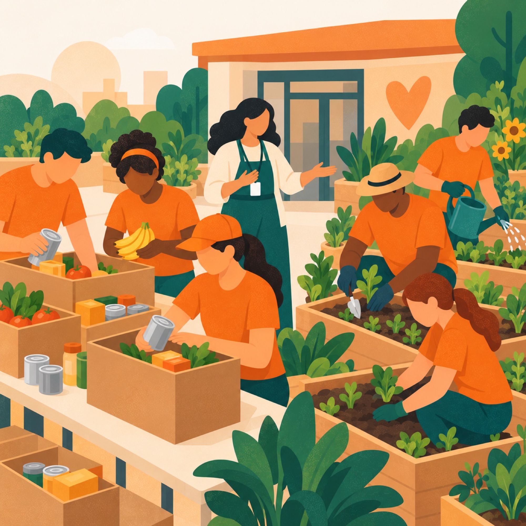 Illustration of volunteers helping at a community organisation