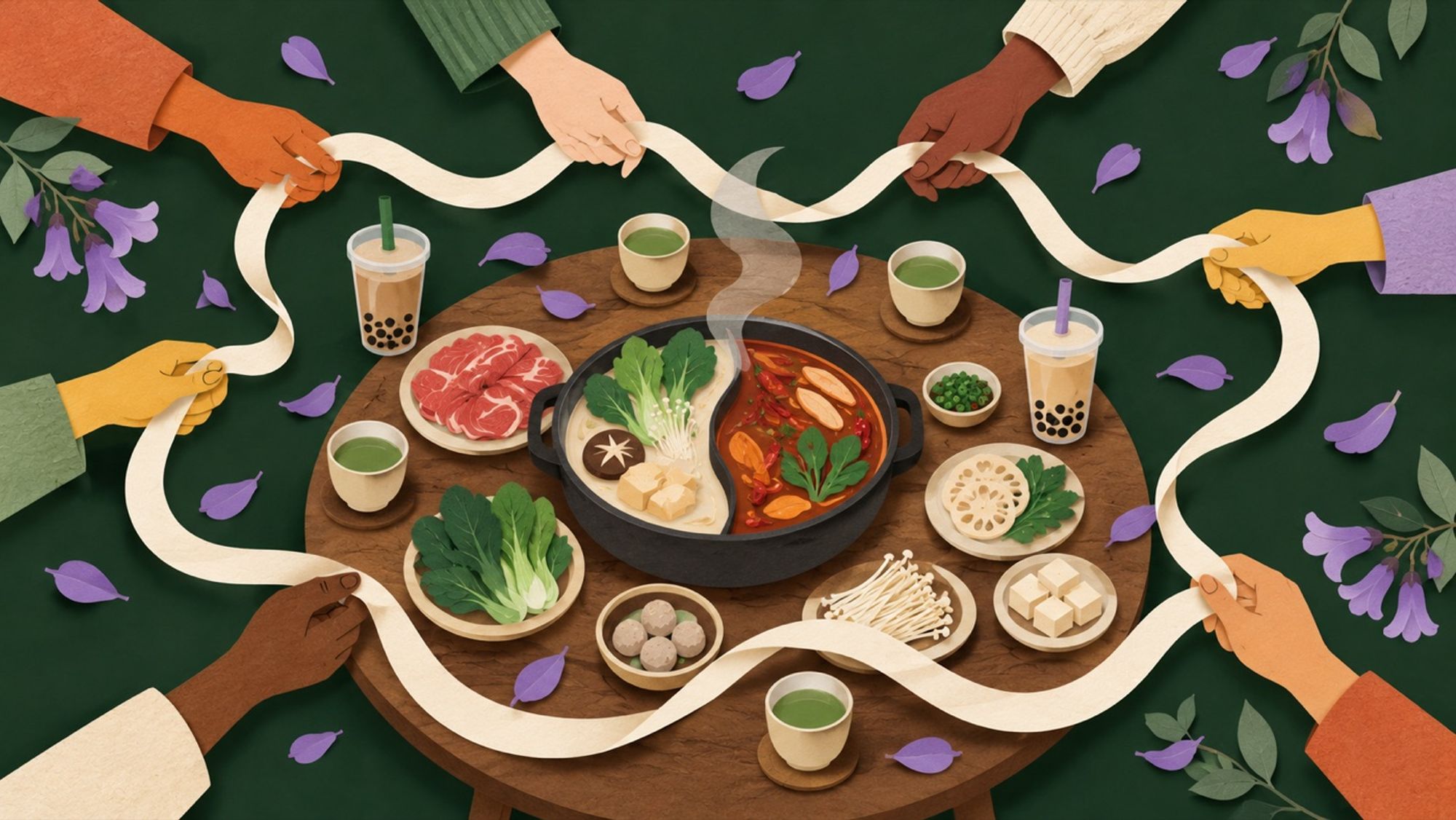 Paper-cut hands of many skin tones passing a ribbon around a shared hot pot table with tea and bubble tea