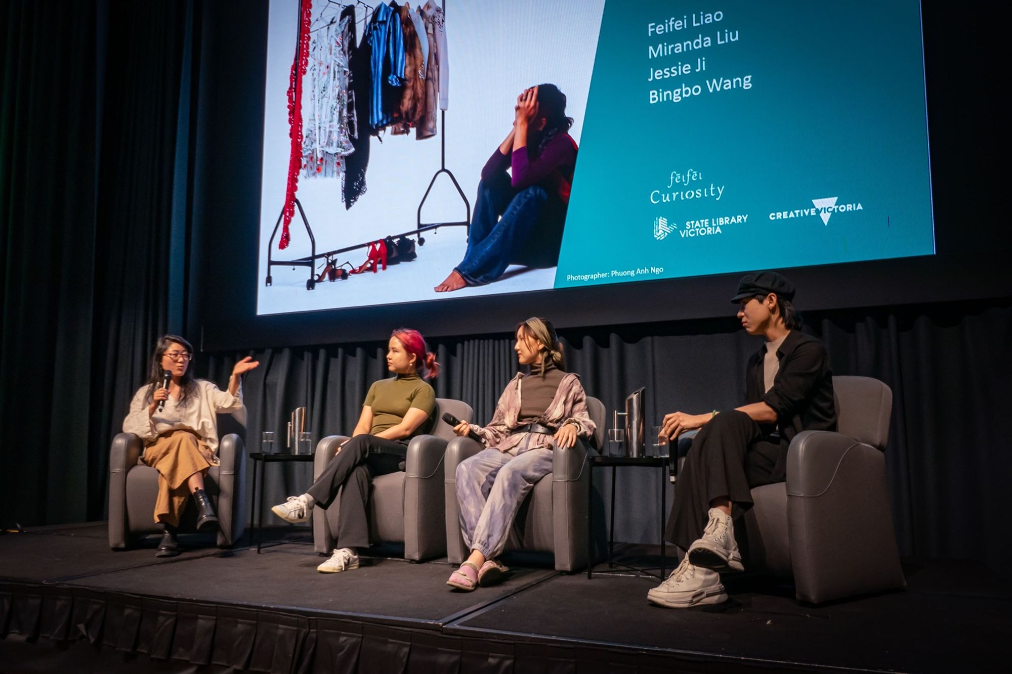 Feifei Liao and artists on stage at the Expressing Identity panel