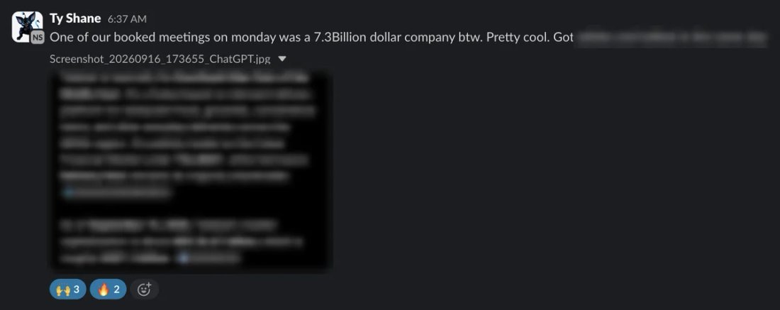 Slack screenshot from Ty Shane: meeting with a $7.3B company