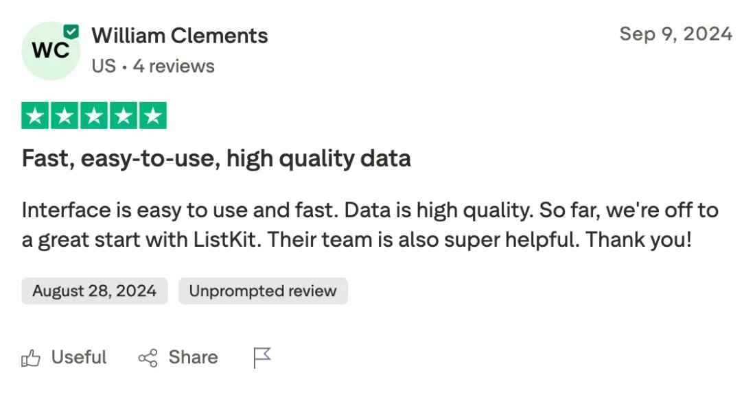 Trustpilot screenshot from William Clements: Fast, easy-to-use, high quality data