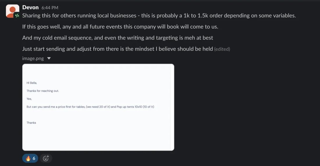 Slack screenshot from Devon: $1k-1.5k order in play