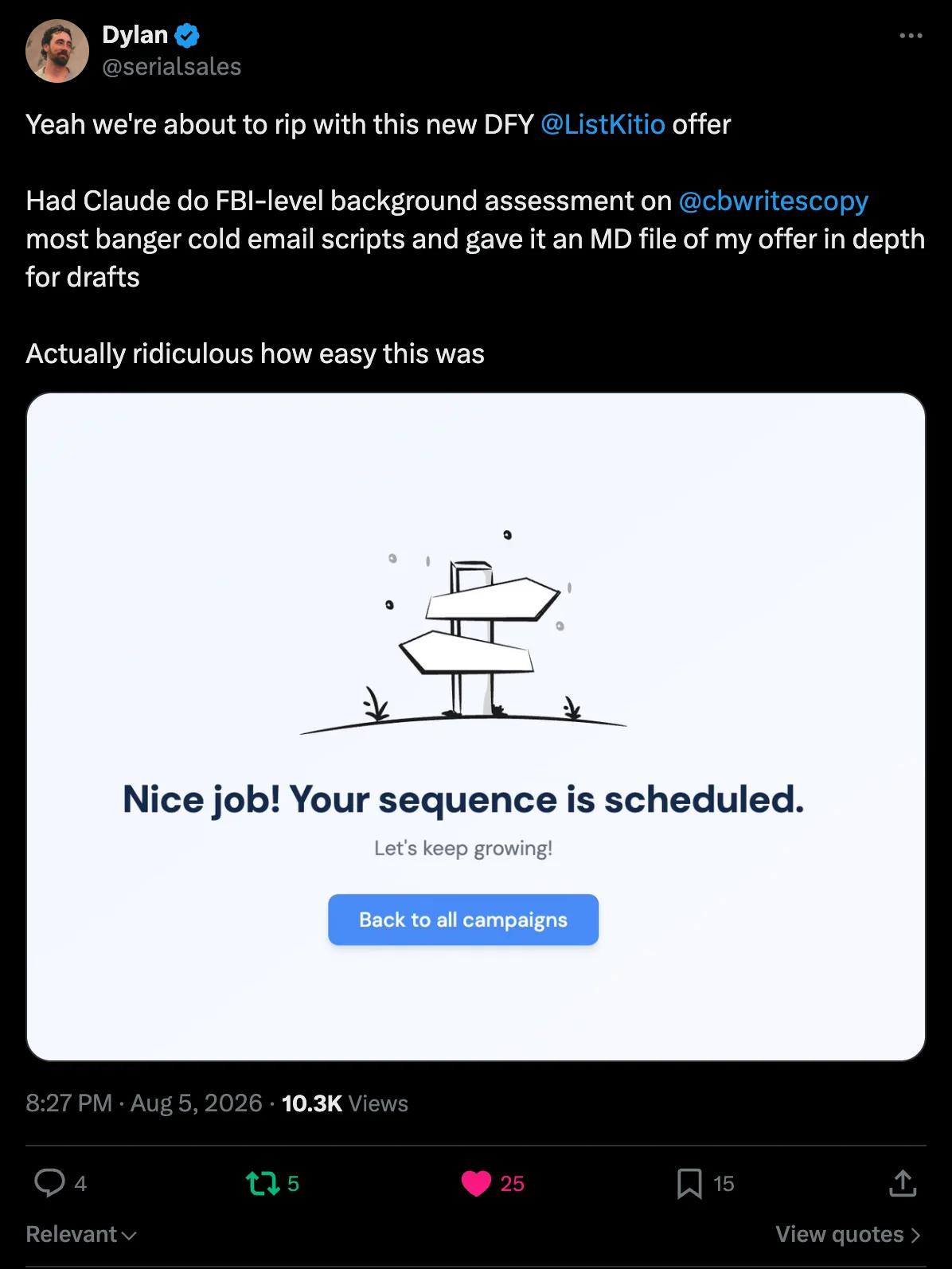 X screenshot from serialsales: we're about to rip with this new DFY @ListKitio offer... Actually ridiculous how easy this
