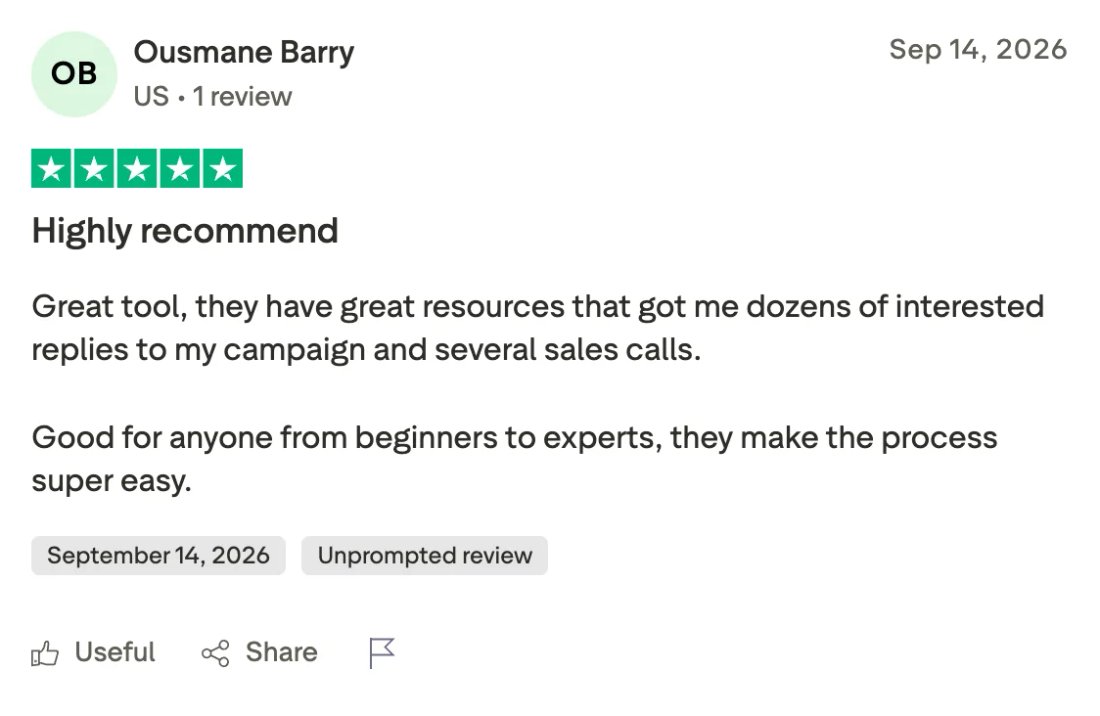 Trustpilot screenshot from Ousmane Barry: Highly recommend