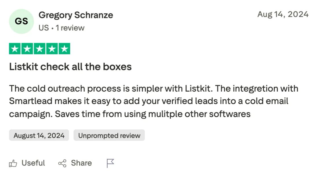 Trustpilot screenshot from Gregory Schranze: Listkit check all the boxes