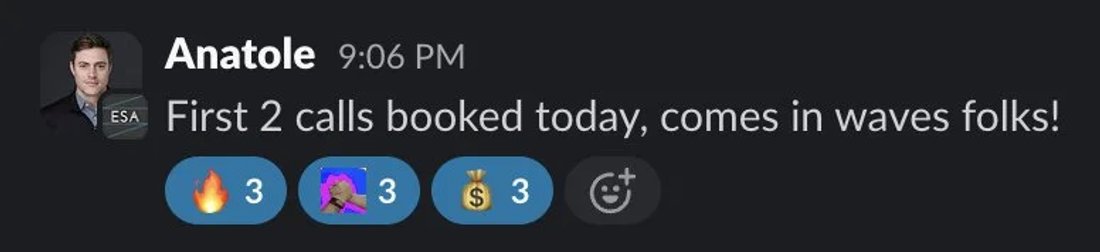 Slack screenshot from Anatole: 1st 2 calls booked
