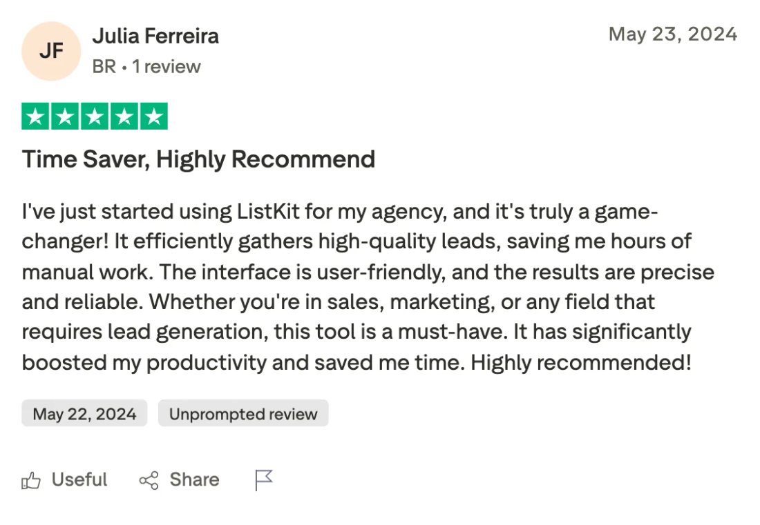 Trustpilot screenshot from Julia Ferreira: Time Saver, Highly Recommend
