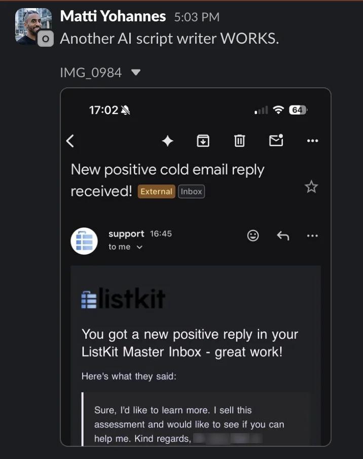 Slack screenshot from Matti Yohannes: AI script writer reply