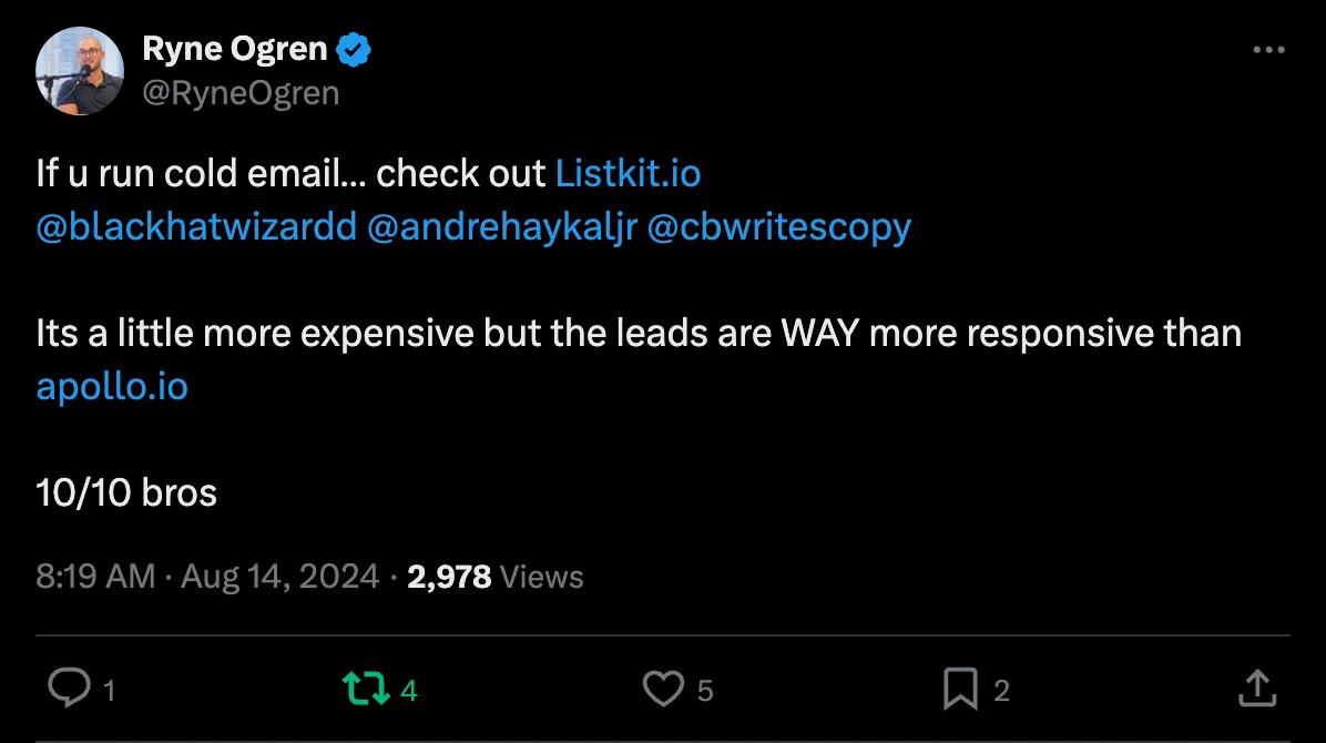 X screenshot from RyneOgren: the leads are WAY more responsive than apollo.io 10/10