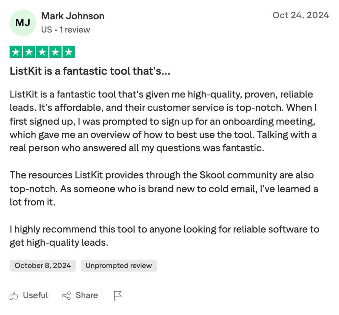 Trustpilot screenshot from Mark Johnson: ListKit is a fantastic tool that's…