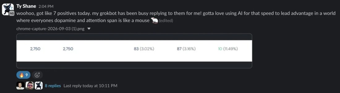 Slack screenshot from Ty Shane: ~7 positive in a day